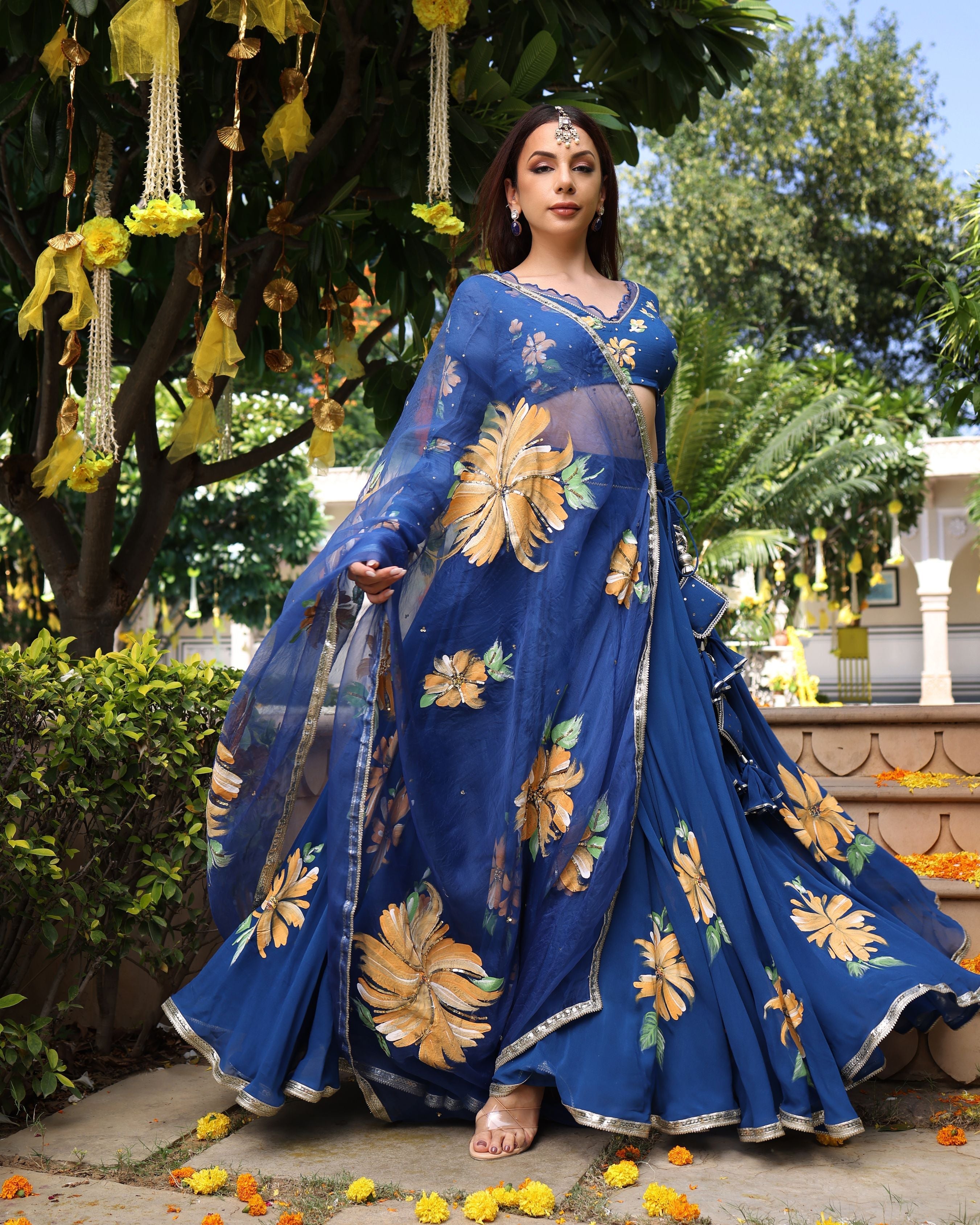 Aachho Madison Blue Handpainted Georgette Lehenga Set