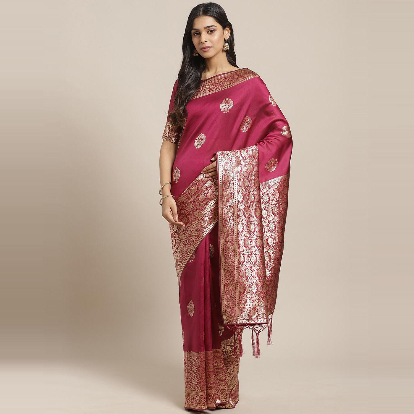 Peachmode Flirty Magenta Colored Festive Wear Woven Silk Blend Saree