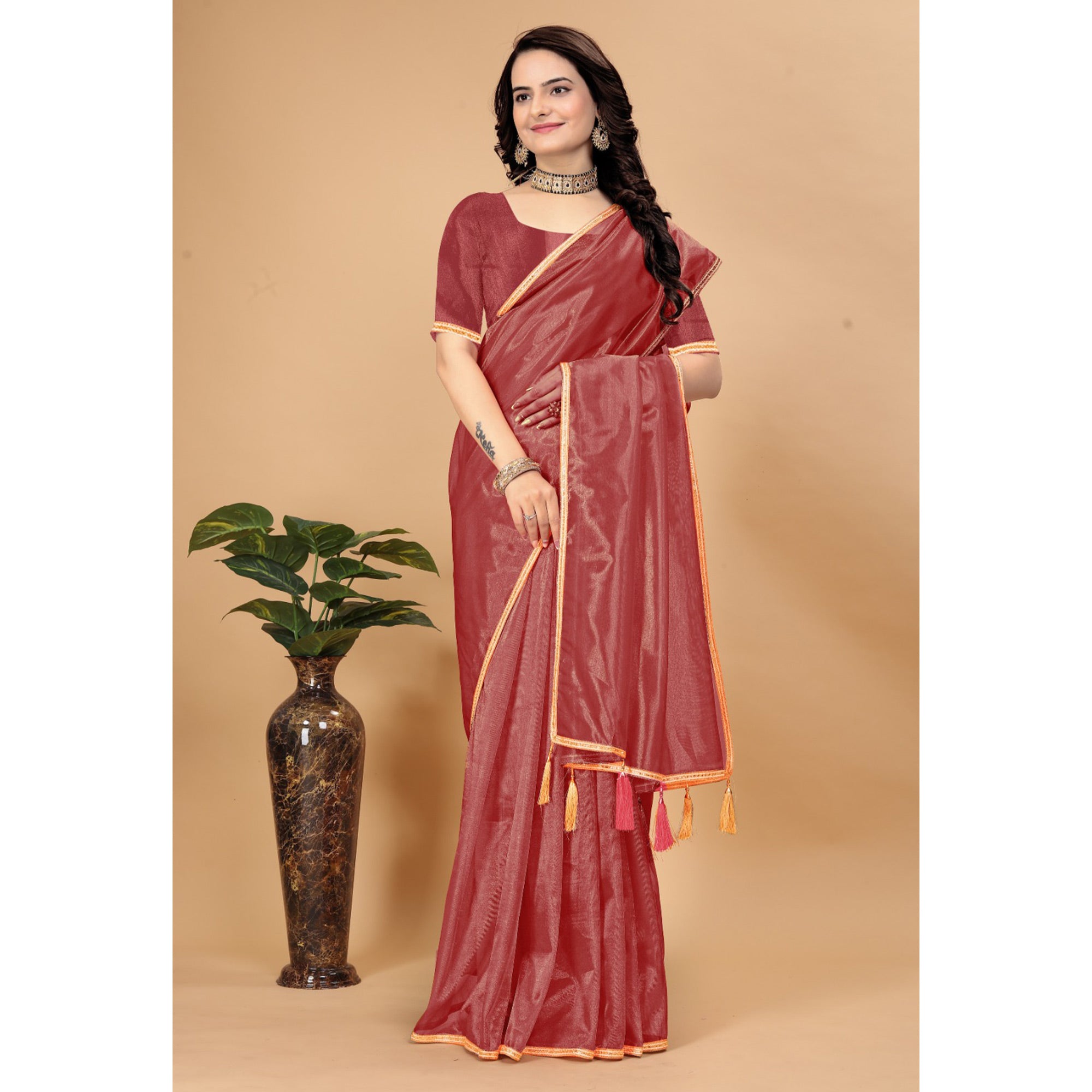 Peachmode Brick Red Solid Nylon Saree With Lace Border - view 4