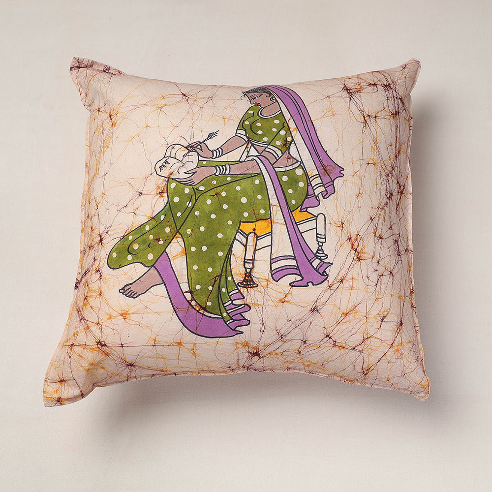 KACHCHH JI CHHAAP Beige - Hand Batik Printed Pure Cotton Cushion Cover (18 x 18 in)