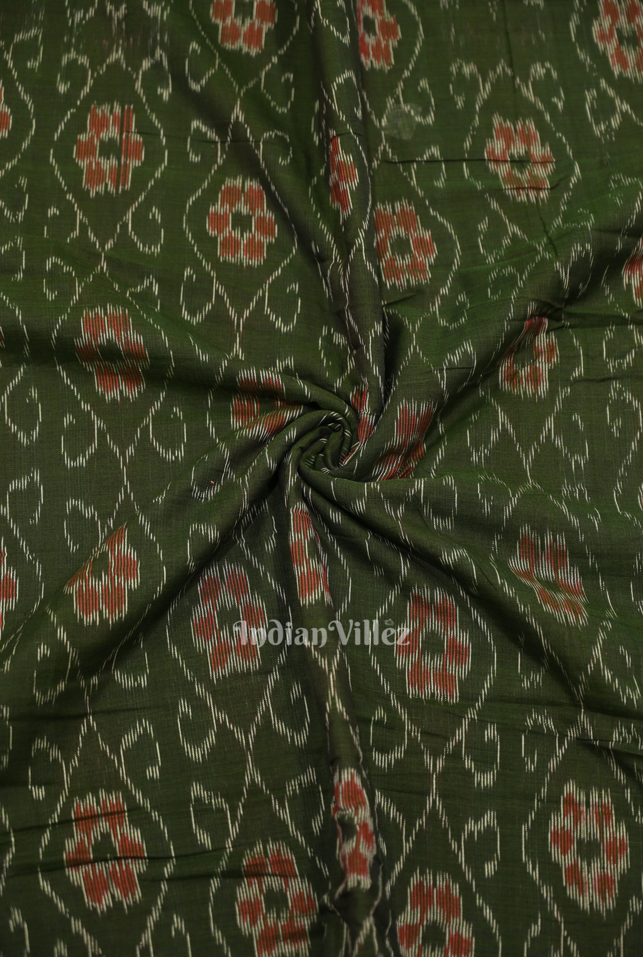 IndianVillèz Mehendi Green Flower Pasapali Design Sambalpuri Odisha Ikat Cotton Fabric