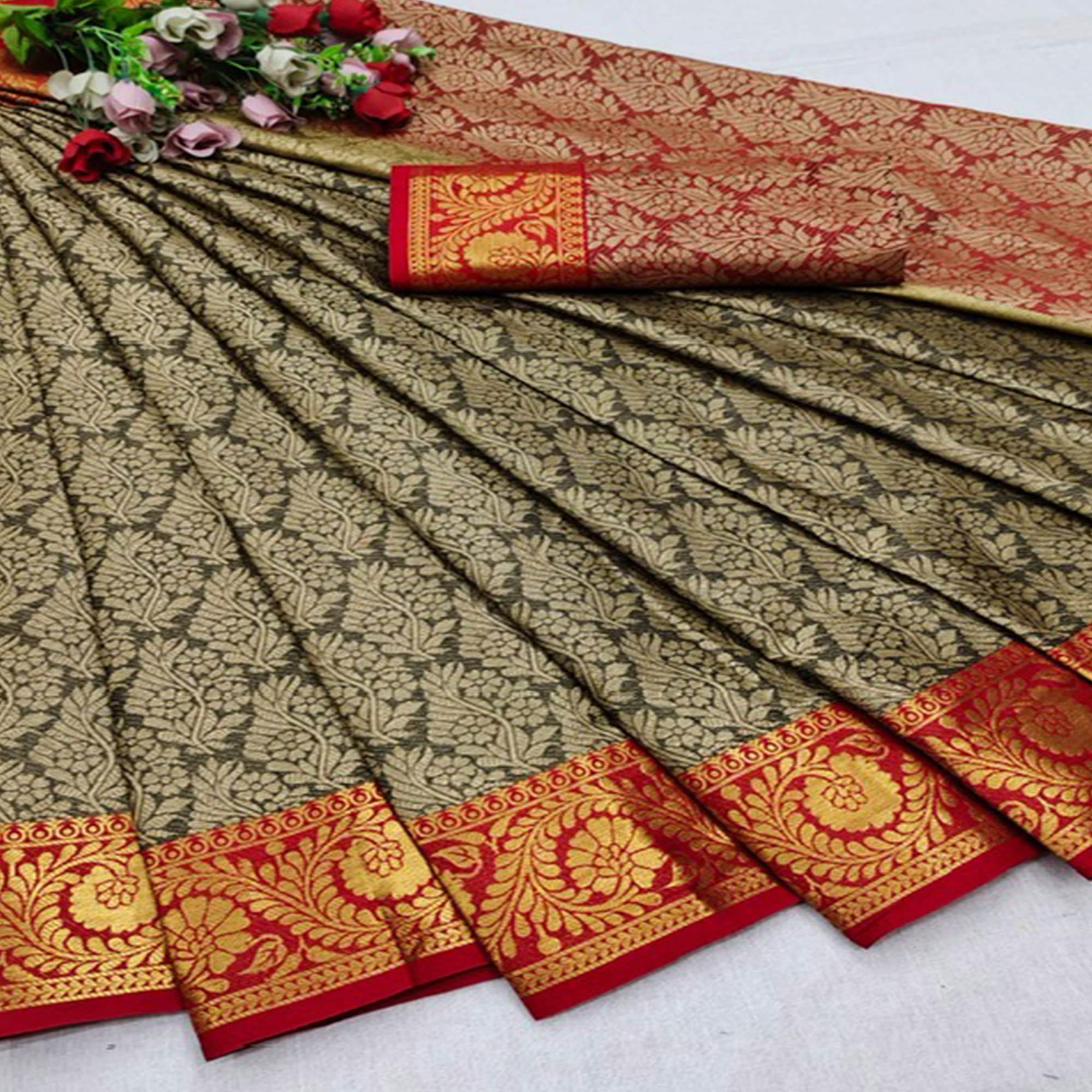 Peachmode Chikoo Festive Wear Woven Cotton Silk Saree