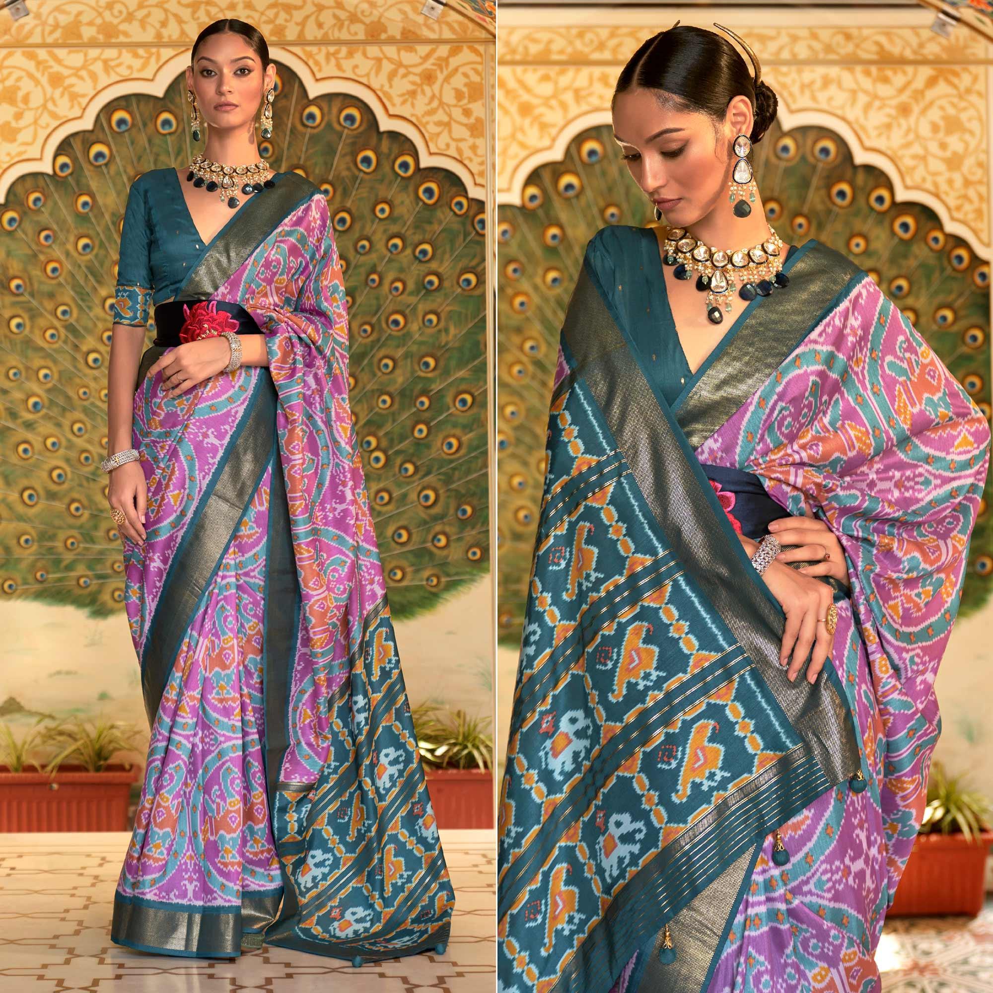 Peachmode Lavender Digital Patola Printed Silk Saree