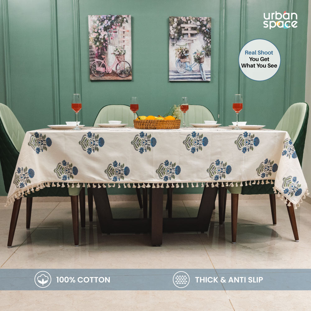 Urban Space Home Furnishing 100% Cotton Dining Table Cover, Printed Cotton Table Cloth with Boho Tassels - Liberty Blue - view 2