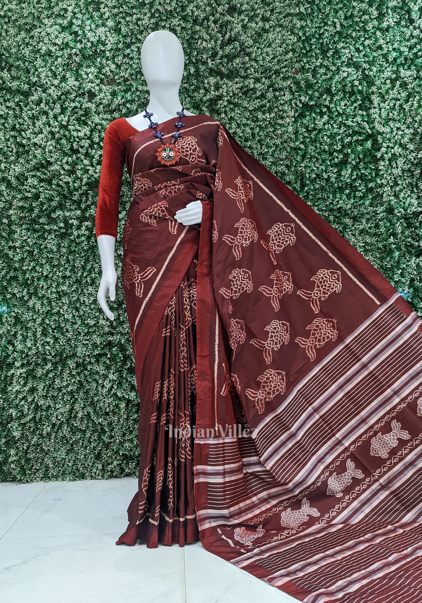 IndianVillèz Maroon with Fish Motif Theme Odisha Ikat Contemporary Silk Saree