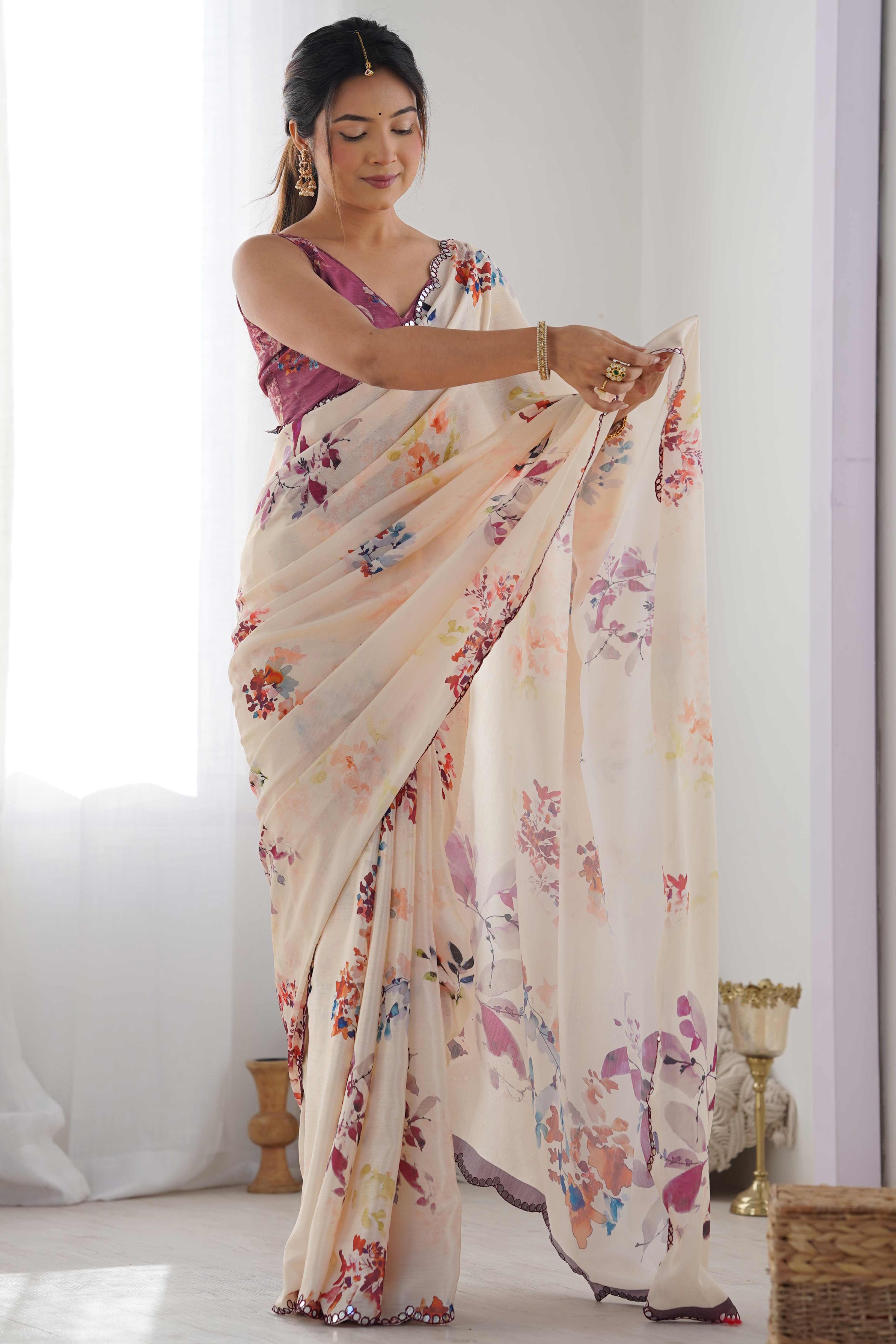 Peachmode Cream Floral Printed Chinon Saree – Women's - view 4