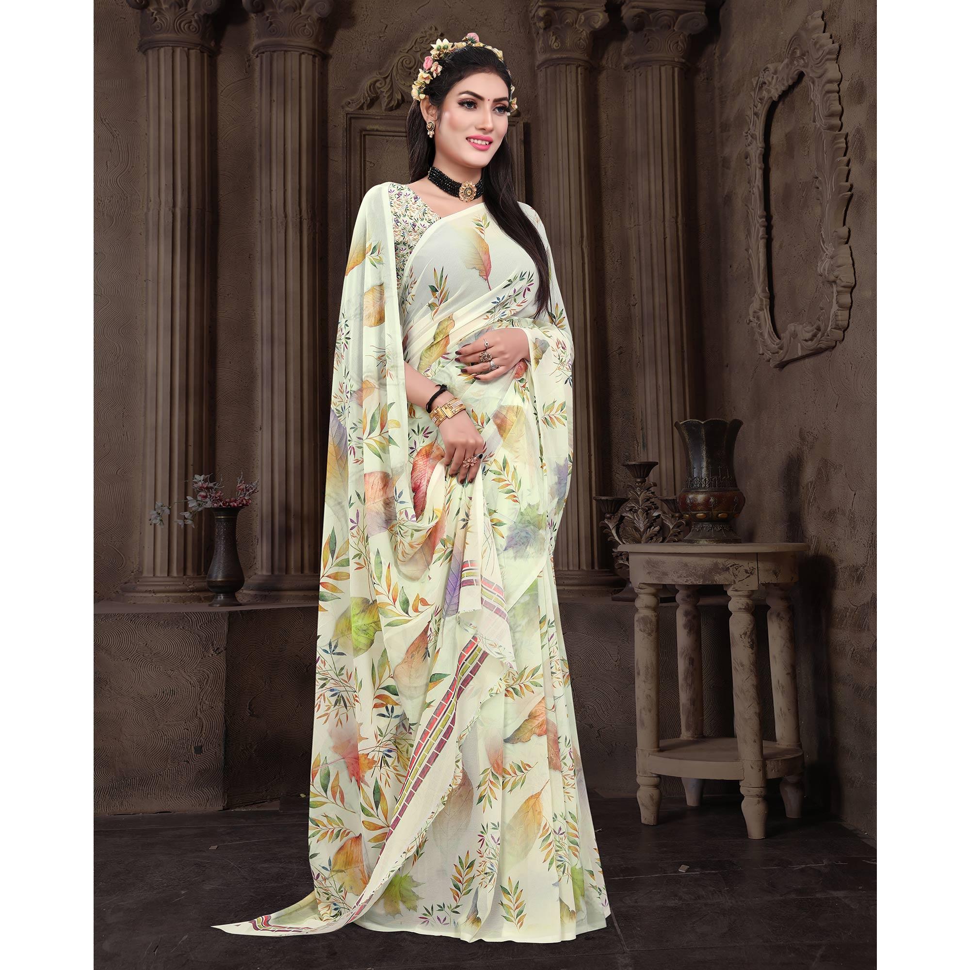 Peachmode Cream Casual Wear Floral Printed Georgette Saree - view 3