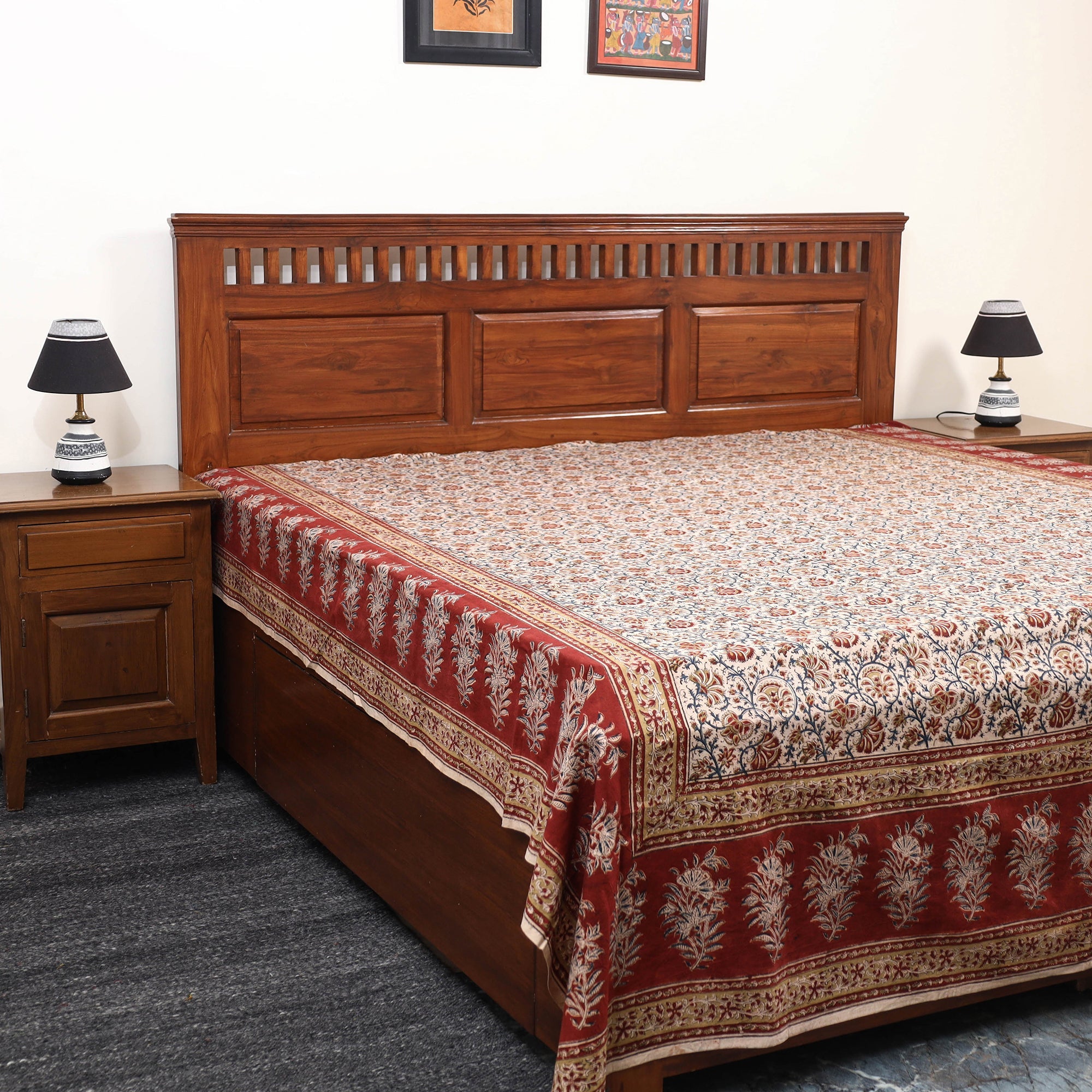 PITCHUKA SRINIVAS KALAMKARI PEDANA Beige - Pedana Kalamkari Block Printed Cotton Double Bed Cover (111 x 91 in) 09
