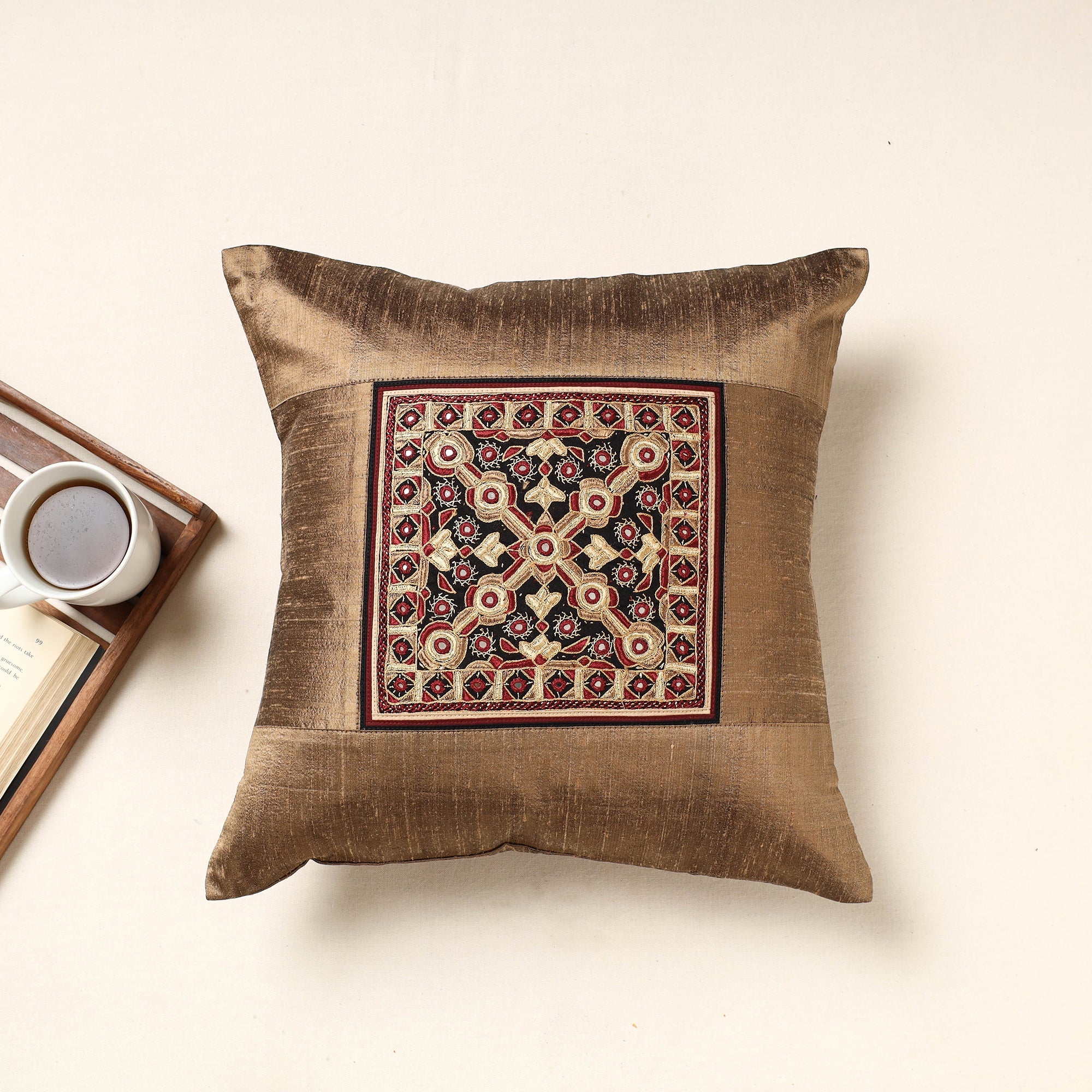 QASAB Brown - Kutch Pakko Hand Embroidery Silk Cushion Cover (16 x 16 in)