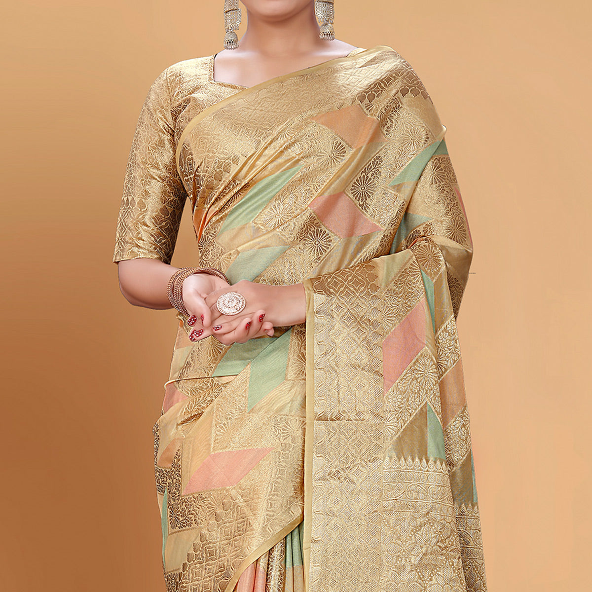 Peachmode Chikoo Woven Organza Saree With Tassels - view 3