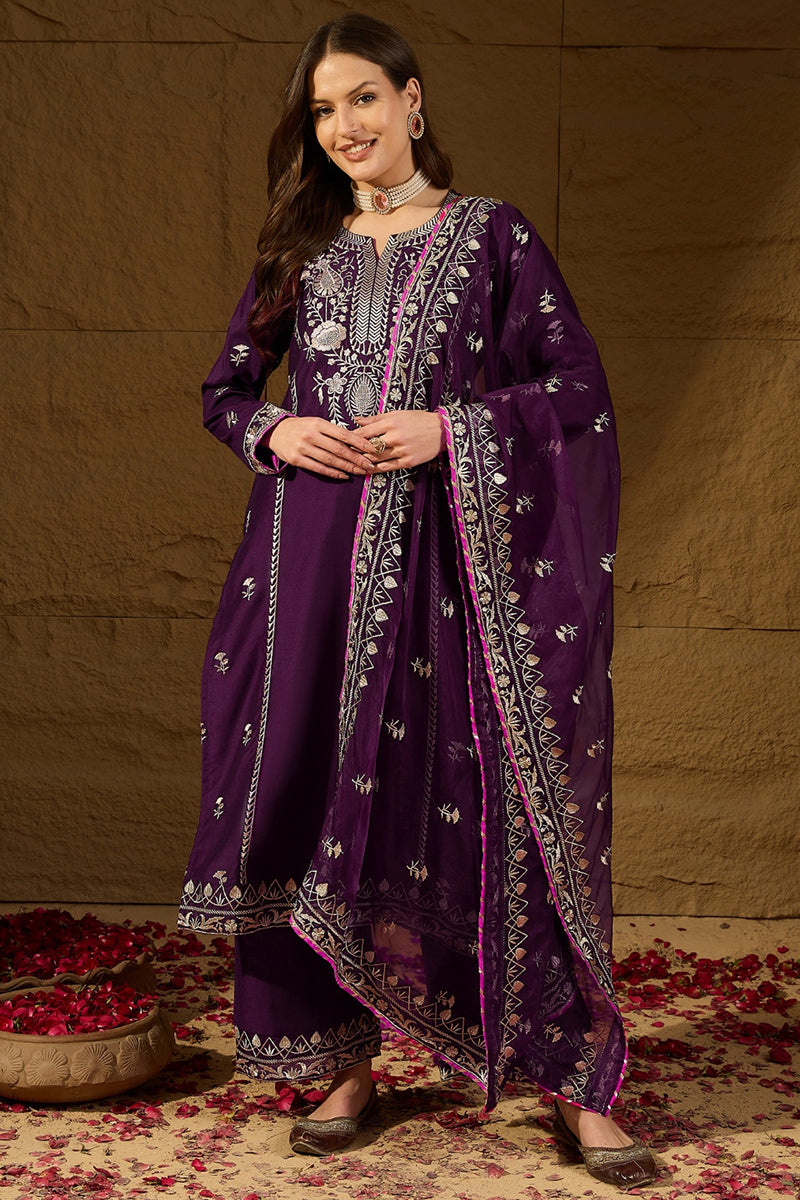 Ahika Purple Silk Blend Yoke Design Zari Straight Palazzo Suit Set PKSKD2488 - view 3