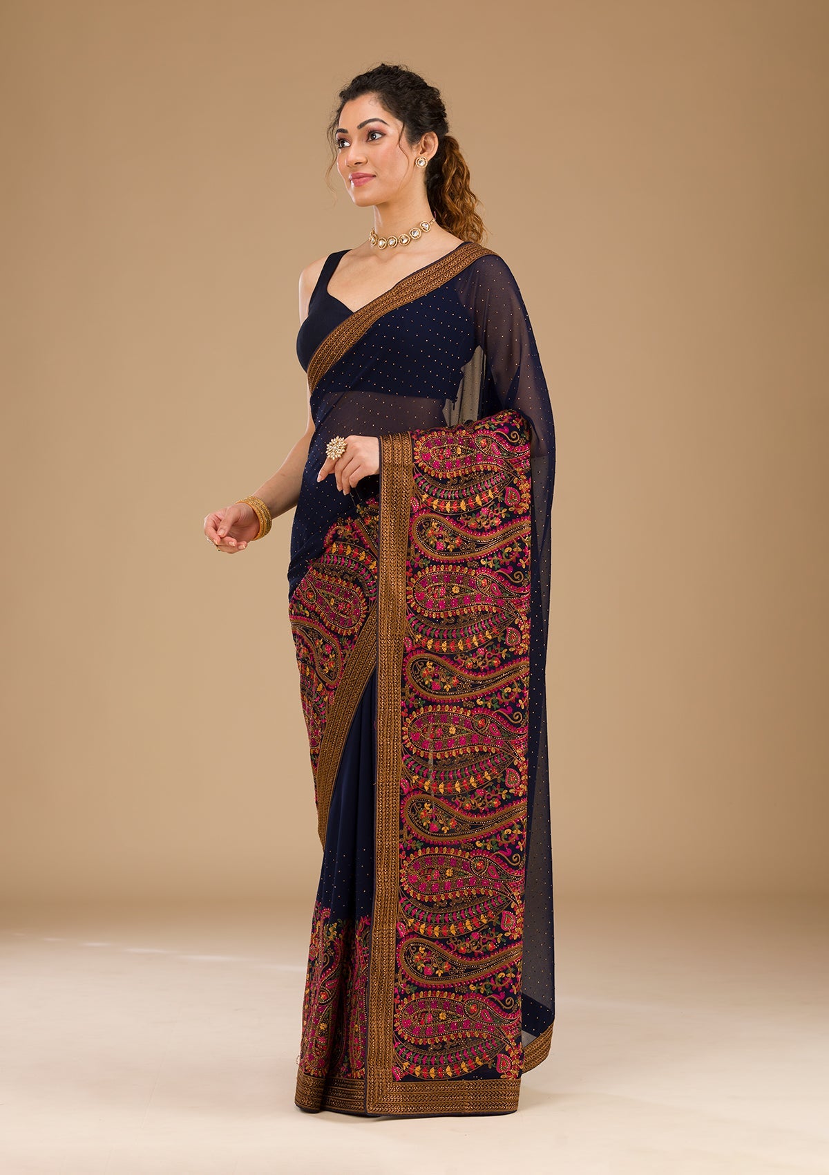 Koskii Navy Blue Threadwork Georgette Saree – Women's - view 4