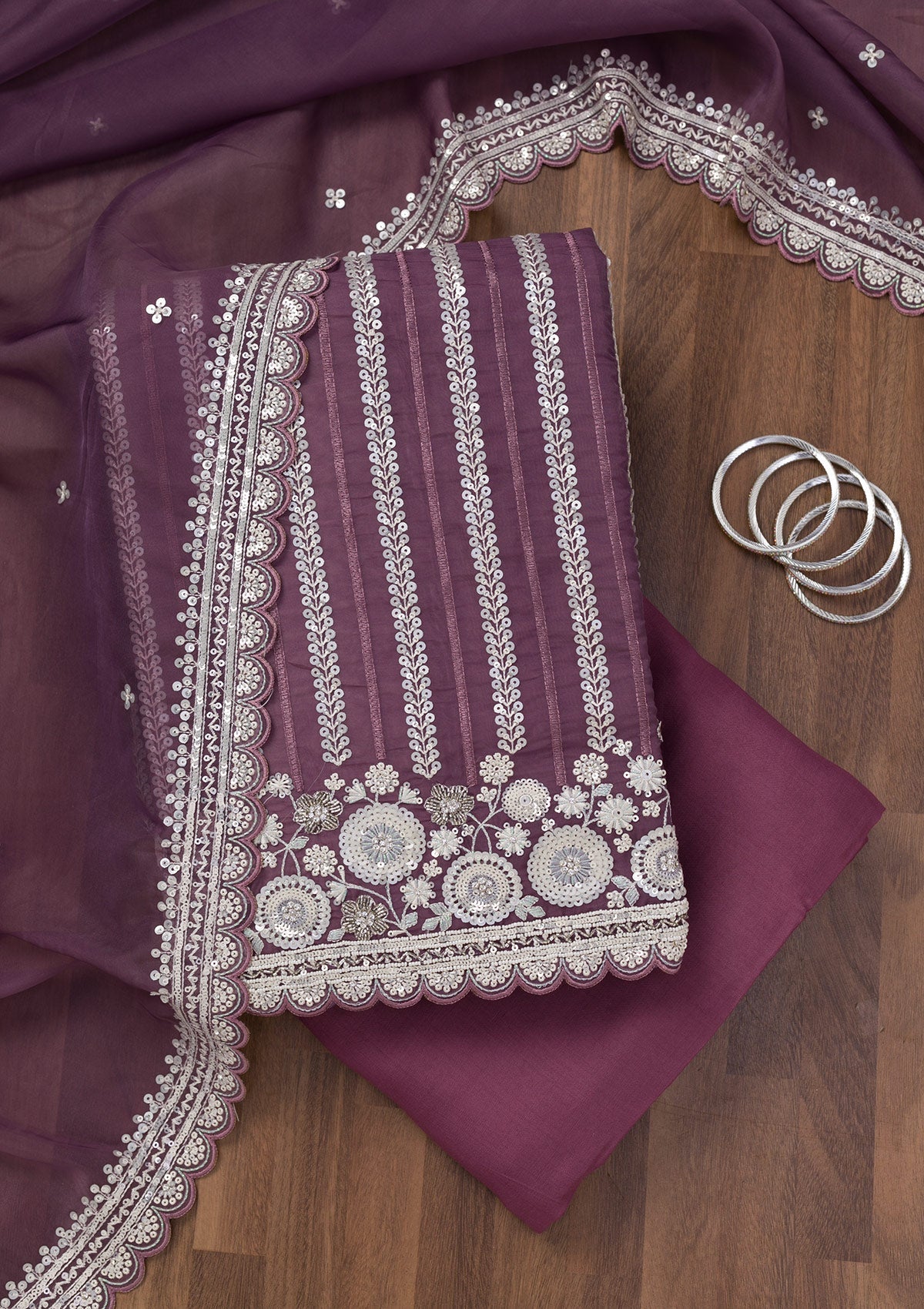 Koskii Purple Threadwork Tissue Unstitched Salwar Suit