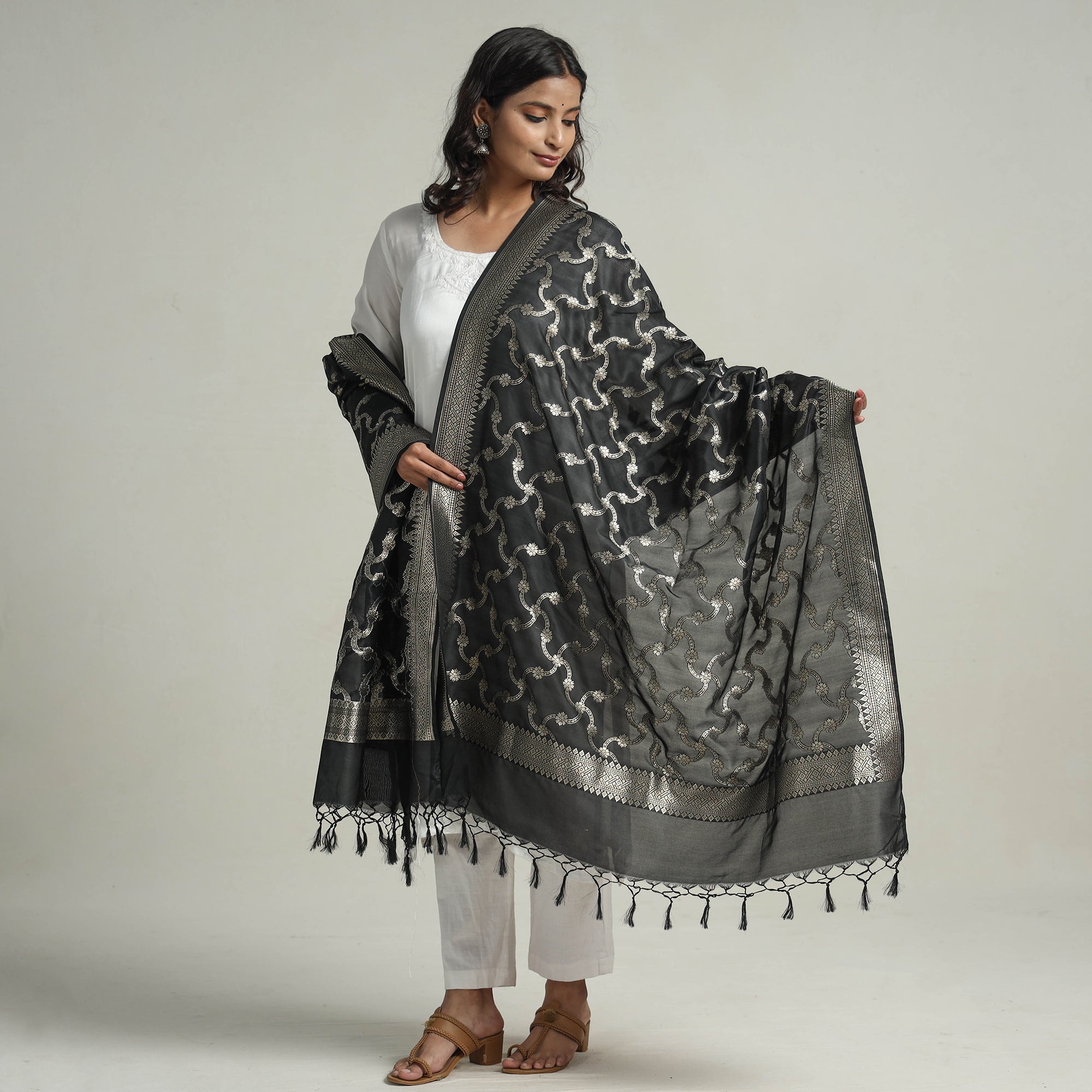 BANARASI BY MAQBUL HASAN Black - Semi Silk Zari Jaal Banarasi Dupatta 32