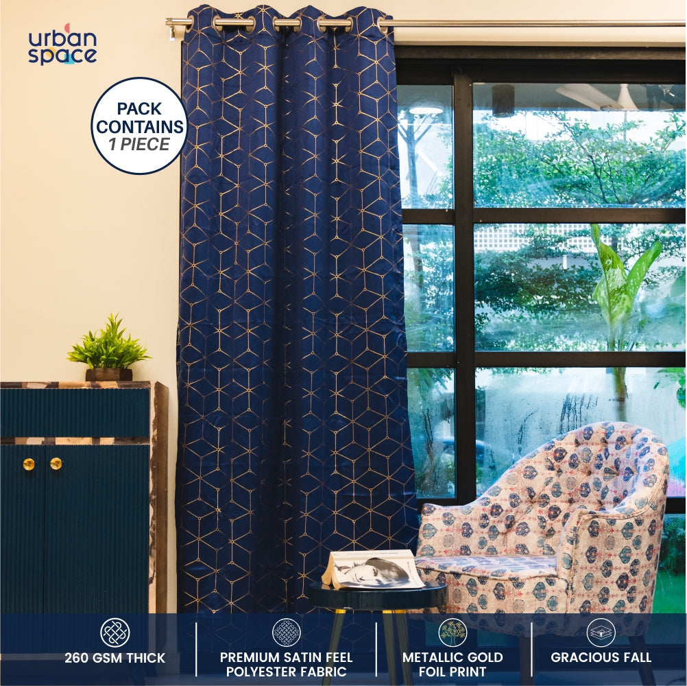Urban Space -Home Furnishing Store Gold Foil Printed 80-85% Blackout Curtains - Pack of 1 Curtain - Navy Blue - view 2