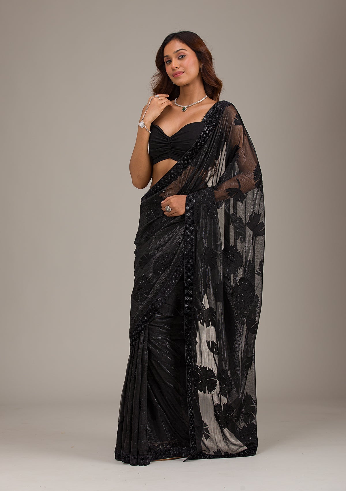 Koskii Black Stonework Organza Saree – Women's - view 4