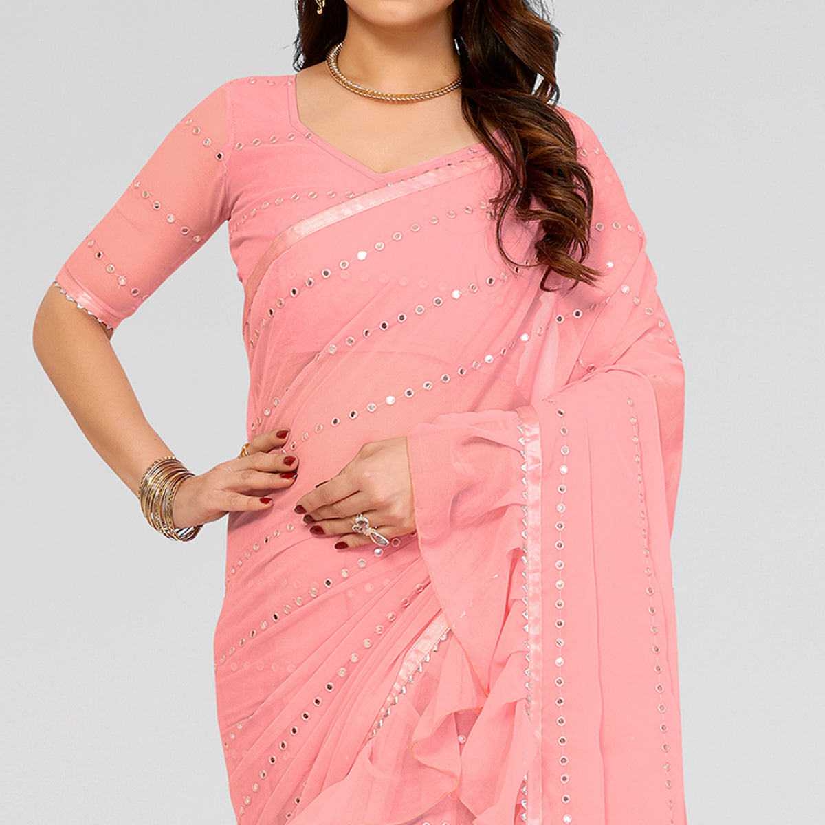 Peachmode Light Pink Embroidered Georgette Ruffle Saree - view 3