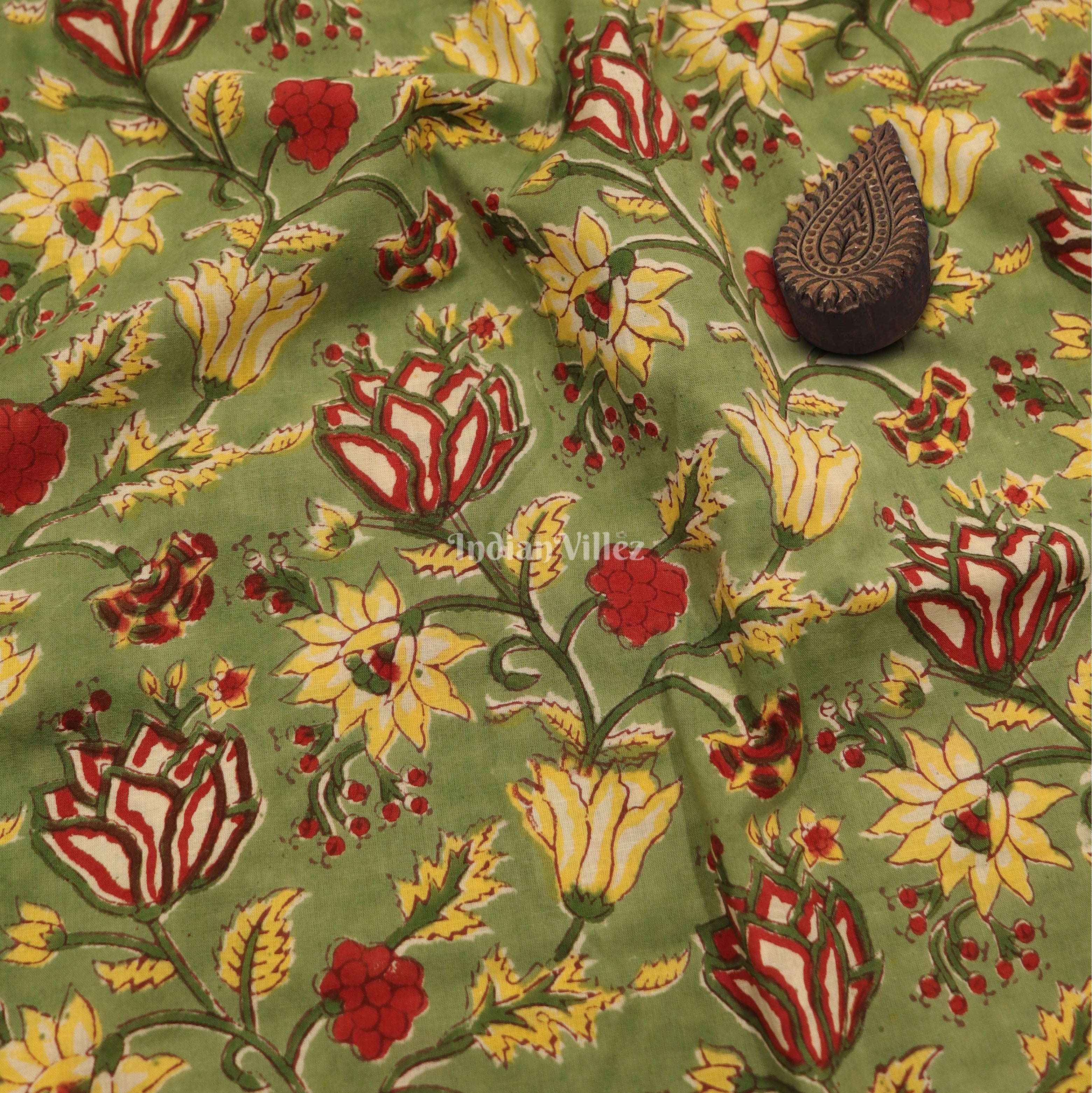 IndianVillèz Green Multi Color Flower Motif Hand Block Printed Cotton Fabric