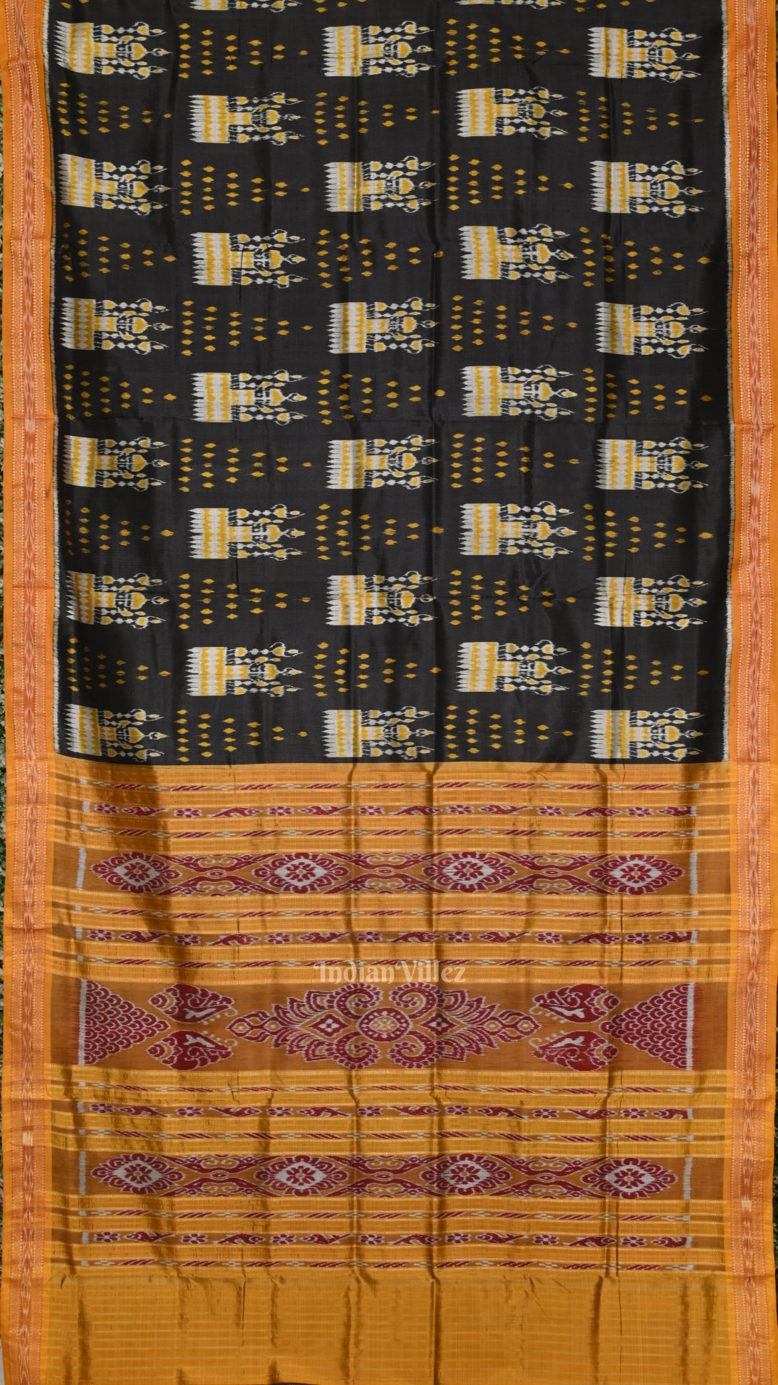 IndianVillèz Black Mustard Yellow Tribal Theme Odisha Ikat Khandua Silk Saree