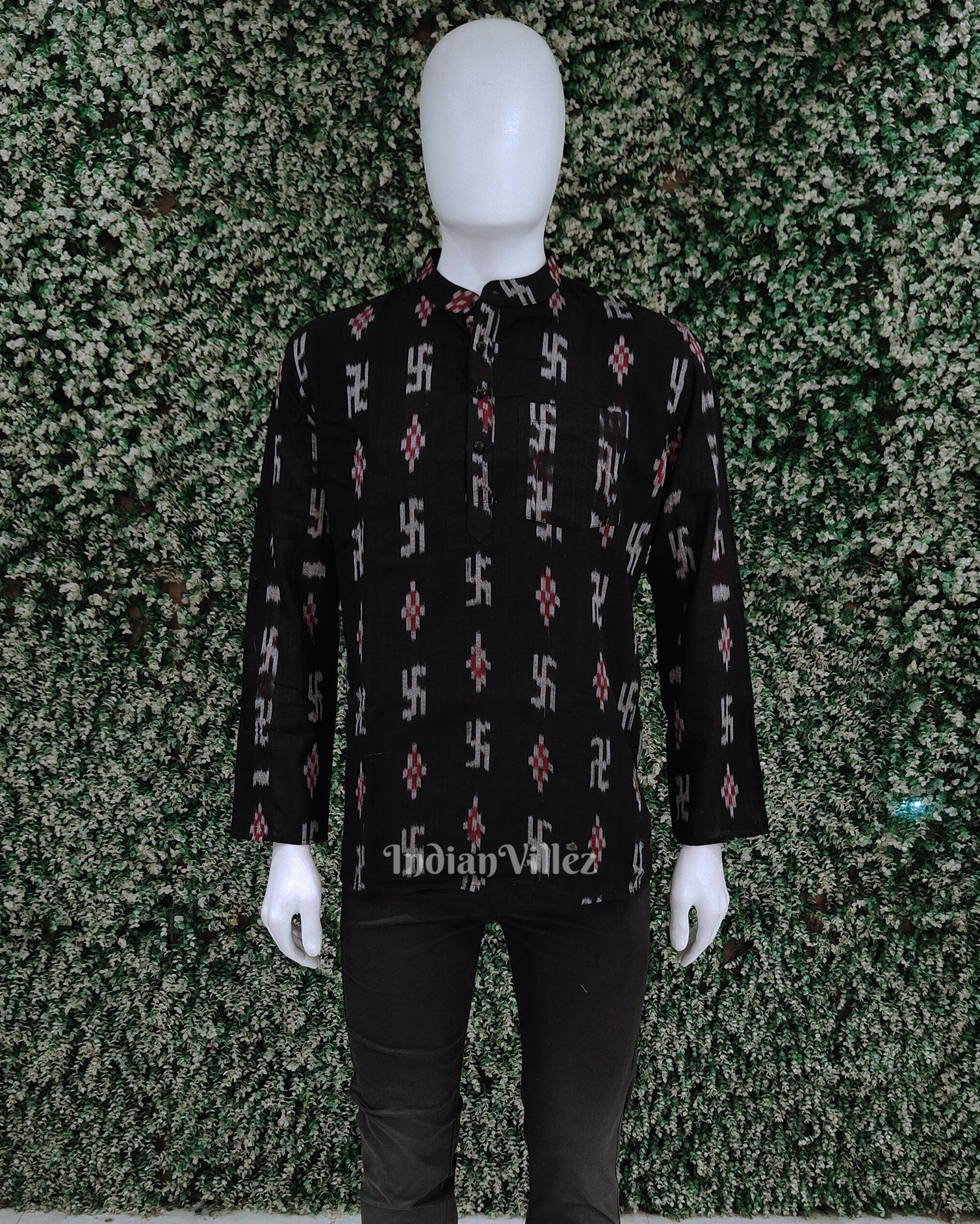 IndianVillèz Black Swastik Odisha Ikat Cotton Kurta for Men