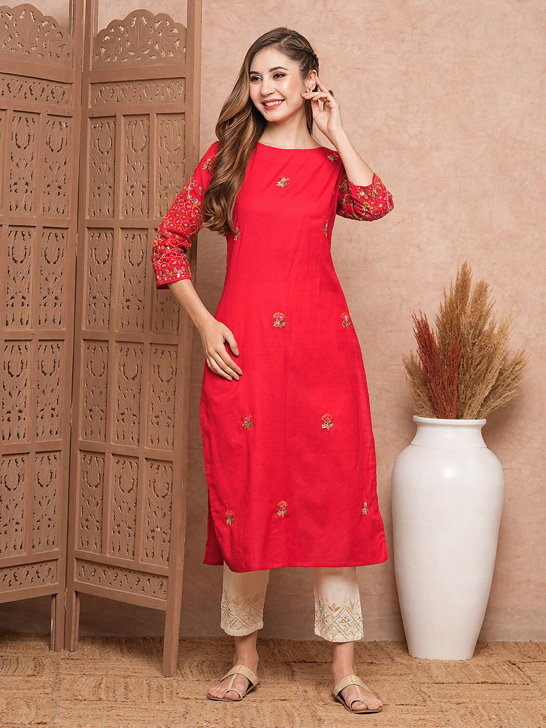 FASHOR Floral Hand Sequin Embroidered Straight Fit Kurta - Red