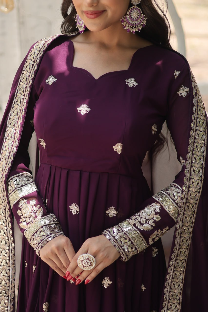 ClothsVilla Wine Faux Blooming Gown with Sequins Embroidery and Dupatta - view 5