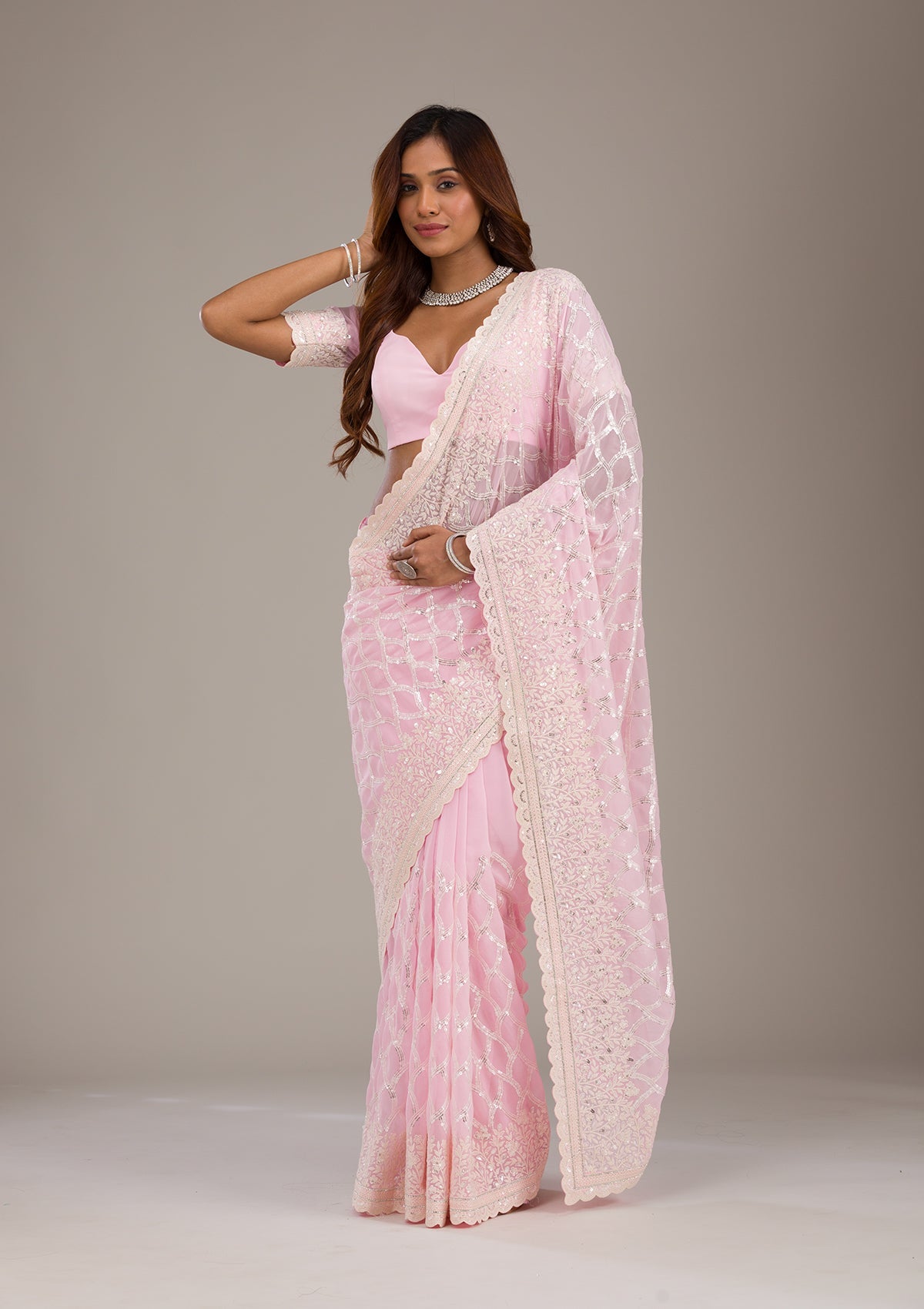 Koskii Baby Pink Threadwork Georgette Saree – Women's