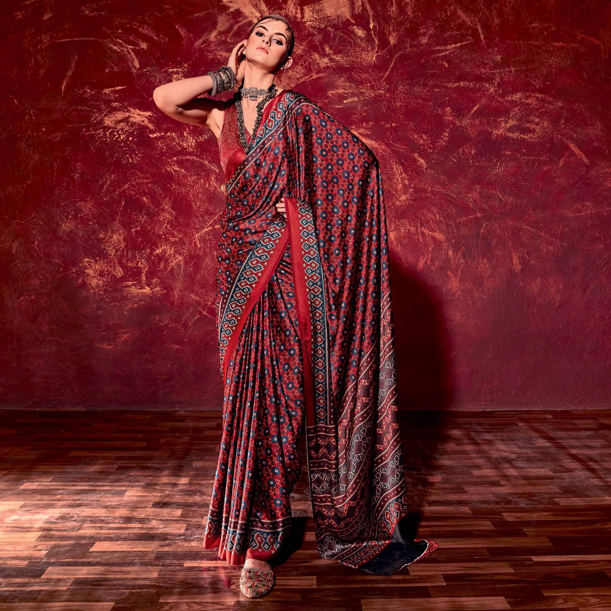 Peachmode Maroon Printed Satin Saree – Women's
