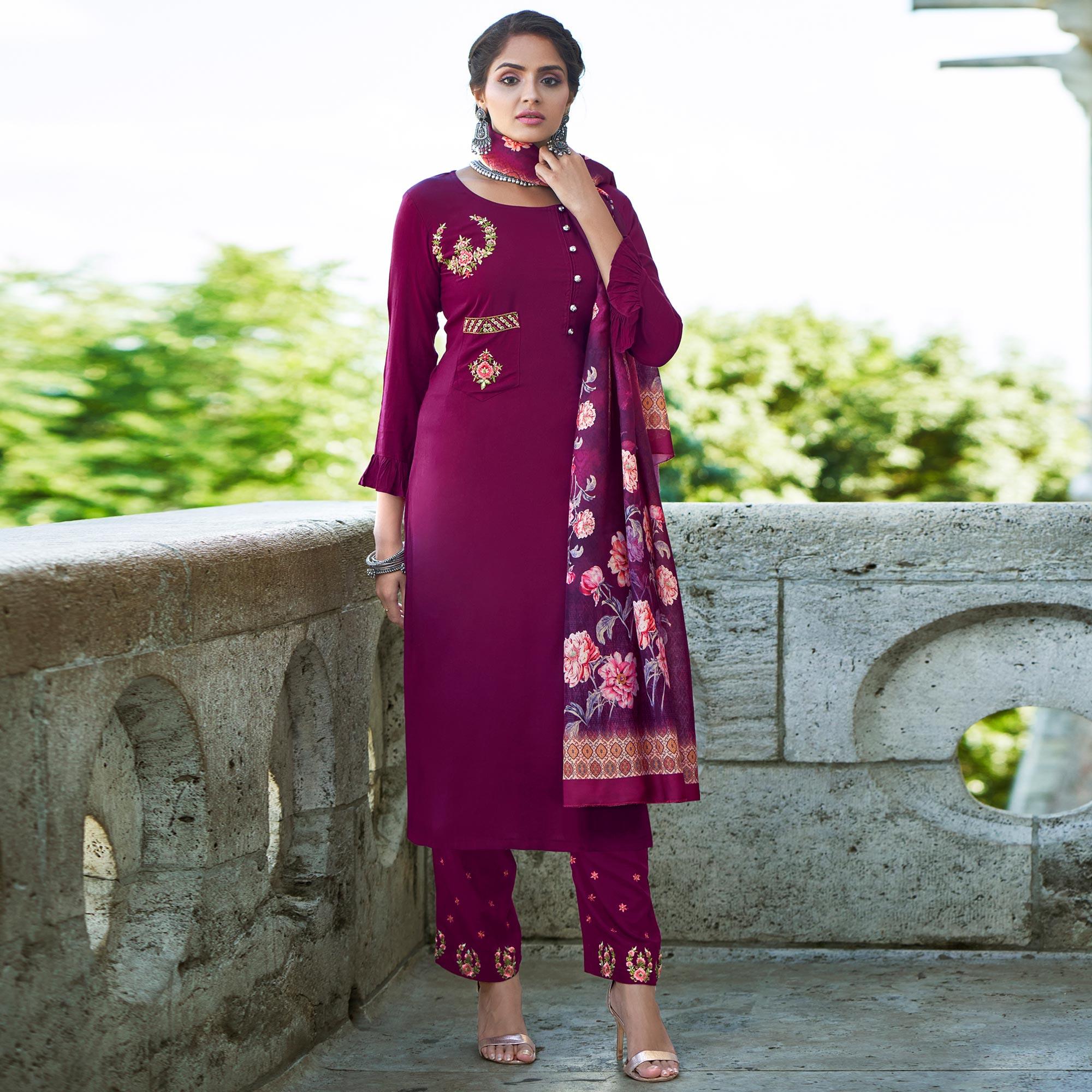 Peachmode Seller Magenta Pink Embroidered Rayon Kurti Pant Set With Dupatta - view 2