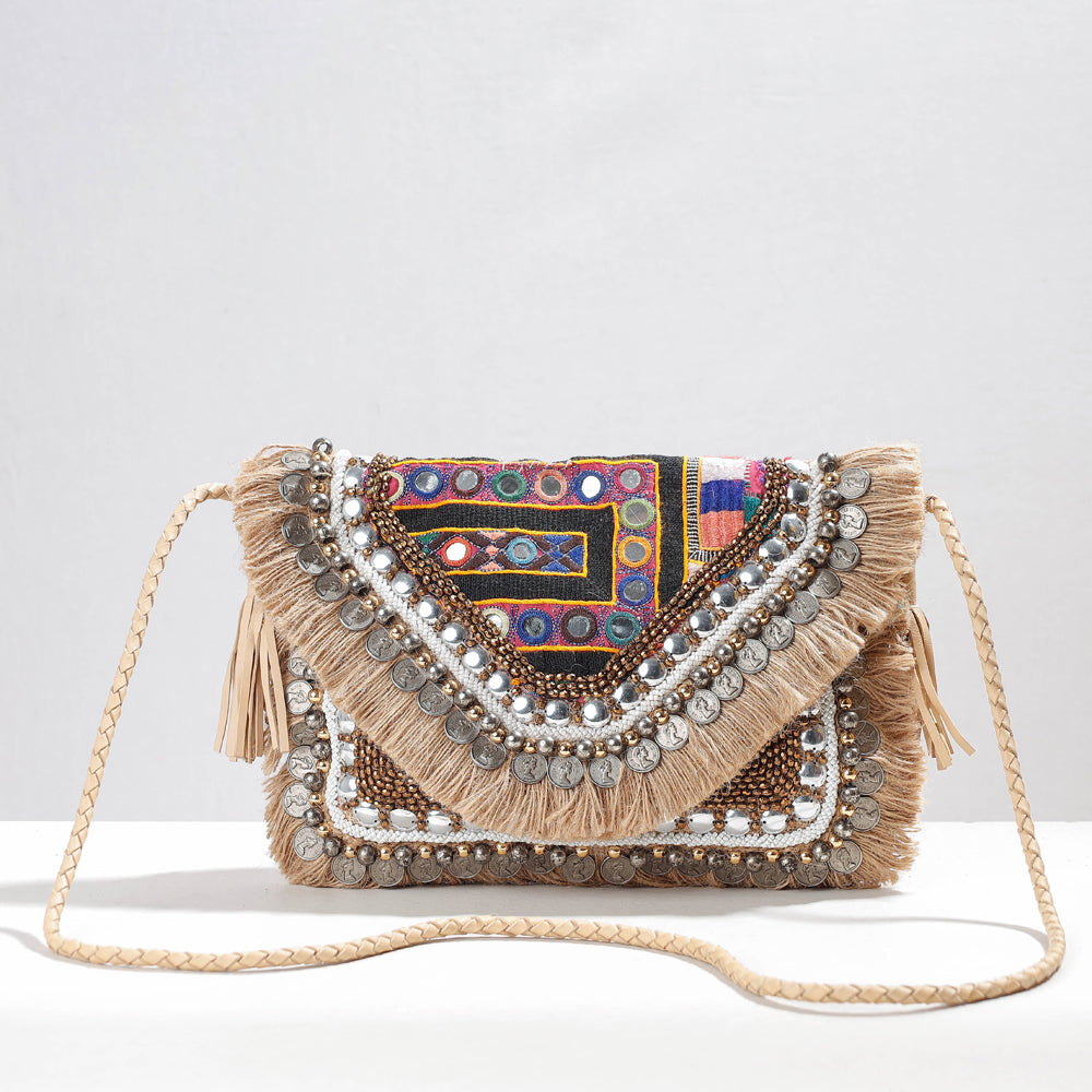 KACHCHH JI CHHAAP Beige - Banjara Vintage Embroidery Mirror, Bead & Coin Work Sling Bag - view 2