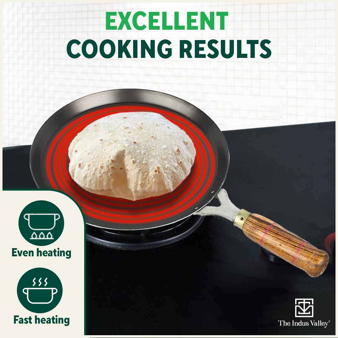 The Indus Valley 100% Pure Sheet Iron Tawa, Wooden Handle, Seasoned, Toxin-free, Induction, 26cm, 1kg - view 7
