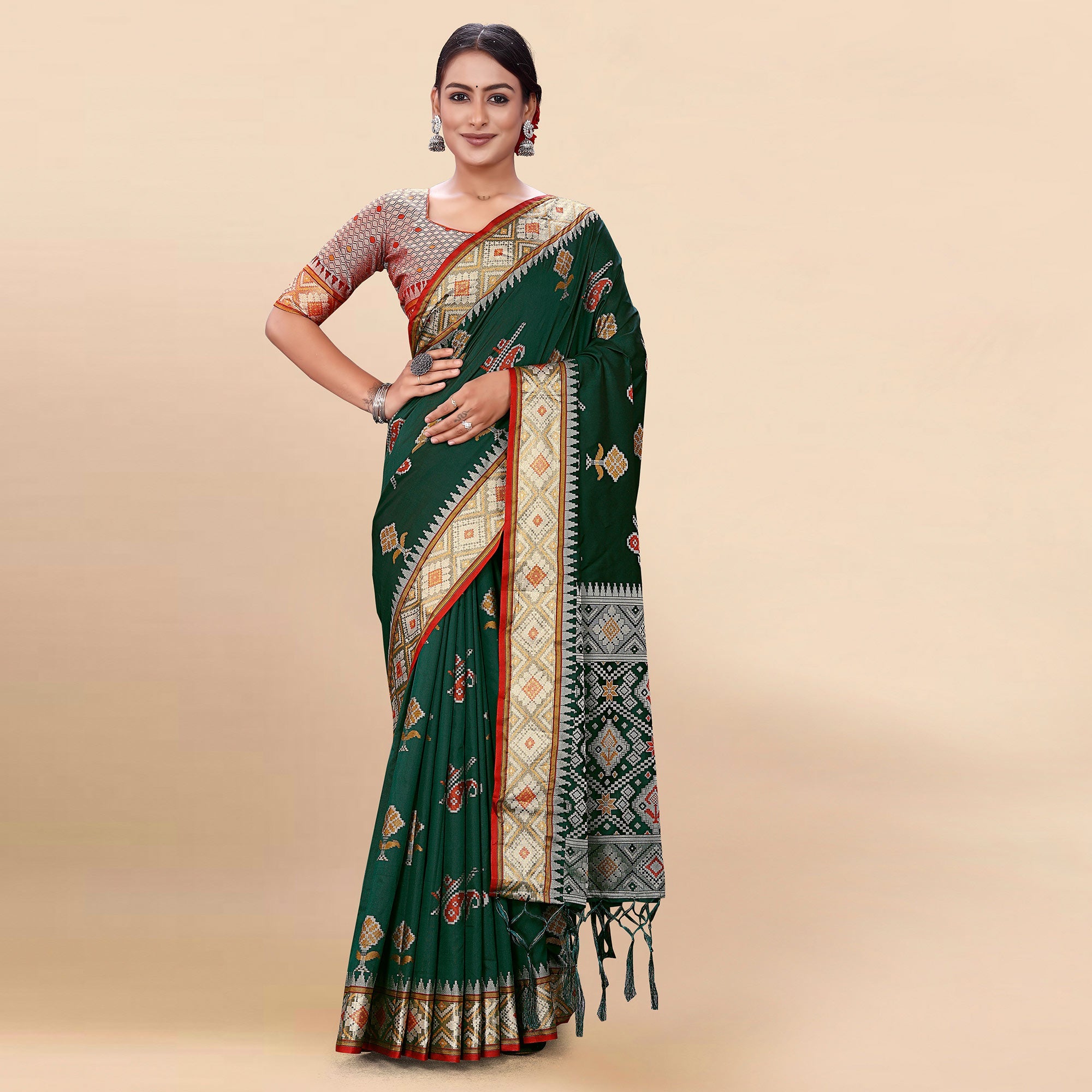 Peachmode Dark Green Woven Patola Art Silk Saree With Tassels - view 2