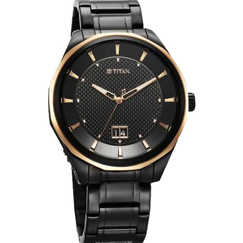 Titan Regalia Opulent Quartz Analog with Date Black Dial Black Stainless Steel Strap Watch for Men 42.5mm NT1829KM04