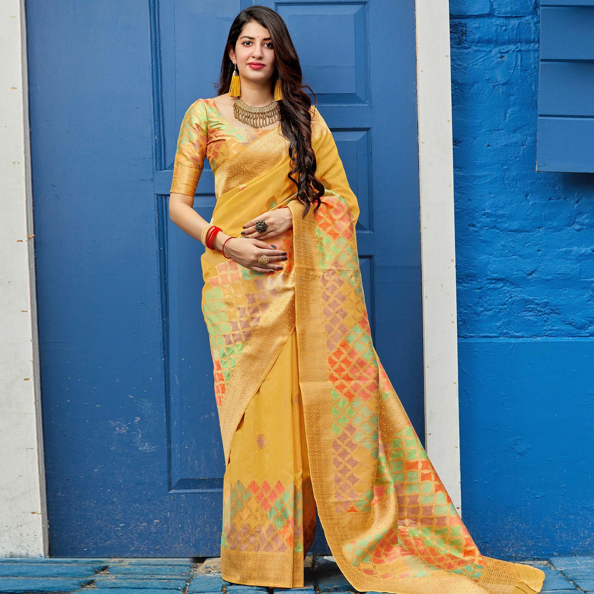 Peachmode Intricate Yellow Colored Festive Wear Woven Silk Saree