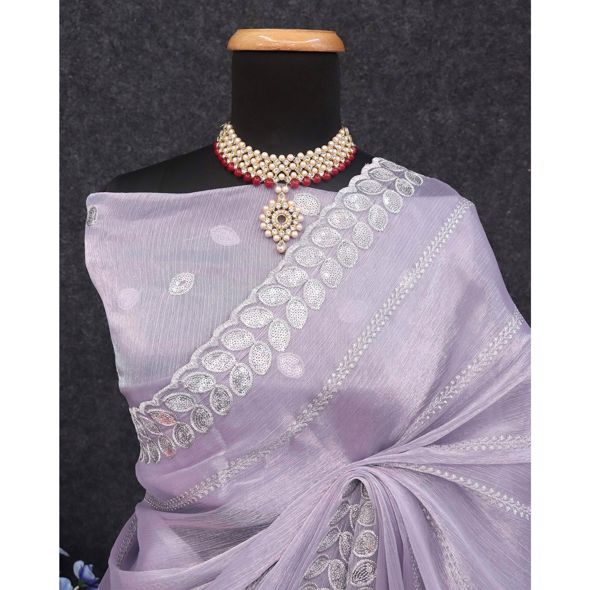 Peachmode Lavender Sequins Embroidered Chiffon Silk Saree - view 5