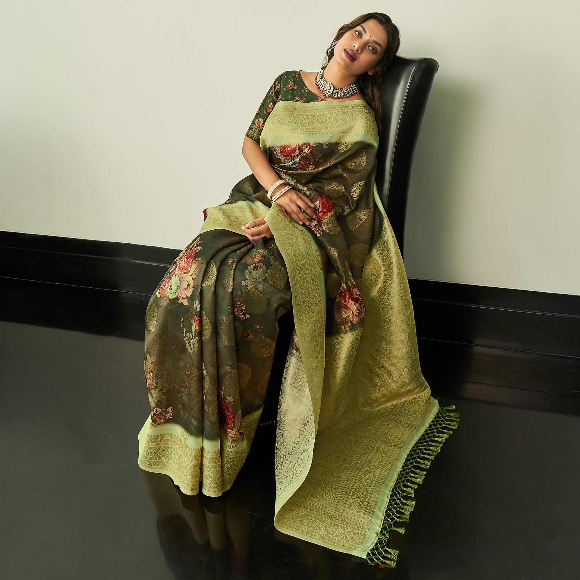 Peachmode Mehendi Green Festive Wear Floral Printed Silk Saree With Woven Border