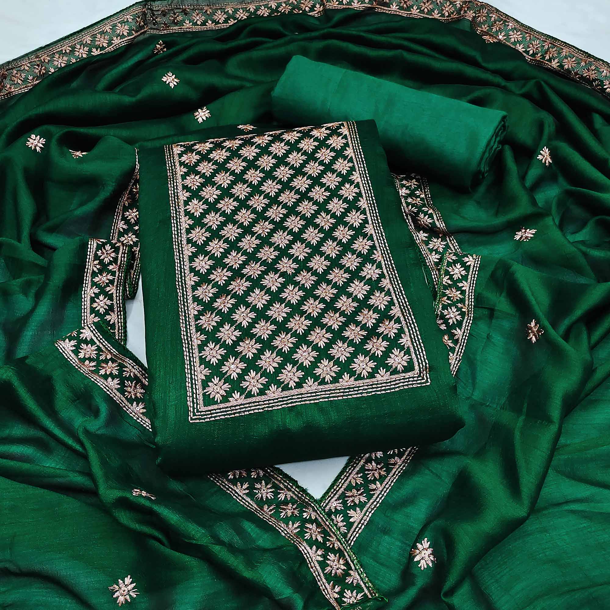 Peachmode Bottle Green Embroidered Modal Dress Material