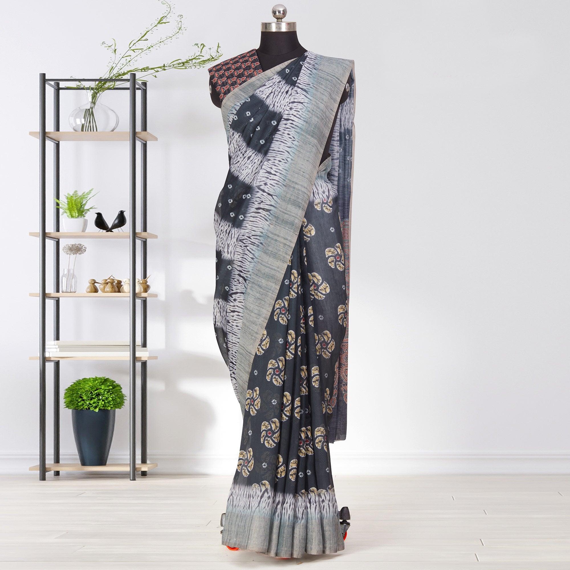 Peachmode Glorious Black Coloured Casual Wear Printed Linen Saree