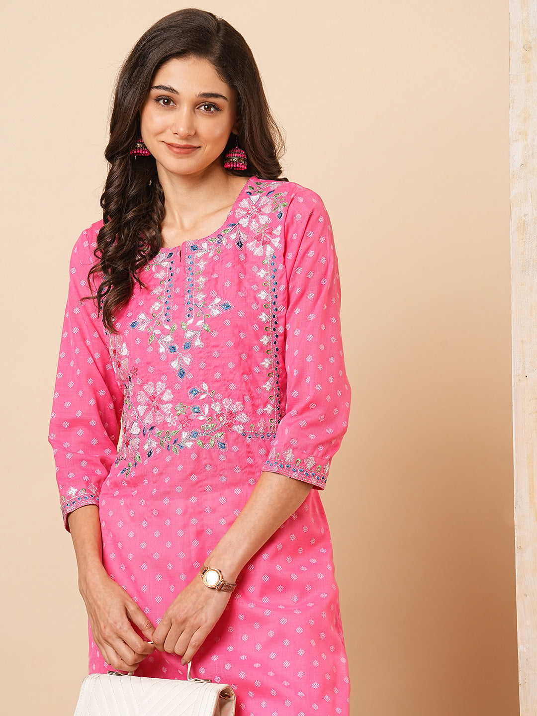 FASHOR Ethnic Khari Printed & Embroidered Straight Fit Kurta - Pink - view 2