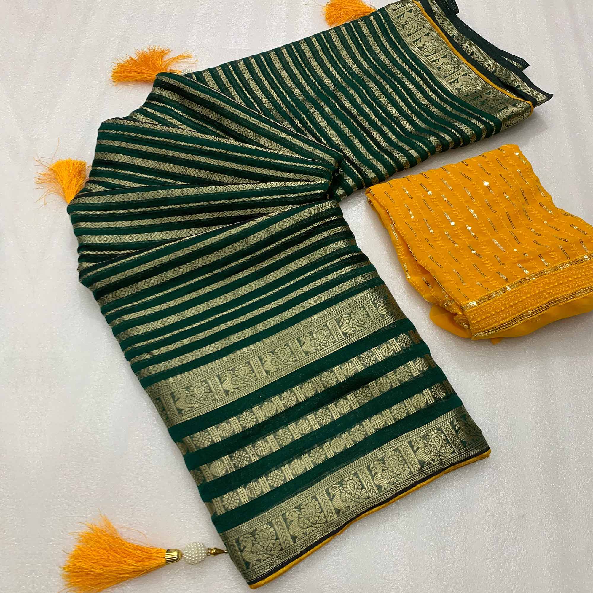 Peachmode Dark Green Zari Work Woven Organza Saree