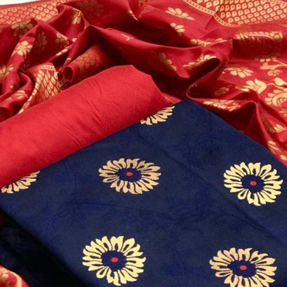 Peachmode Breathtaking Navy Blue Colored Casual Wear Banarasi Silk Dress Material - view 2