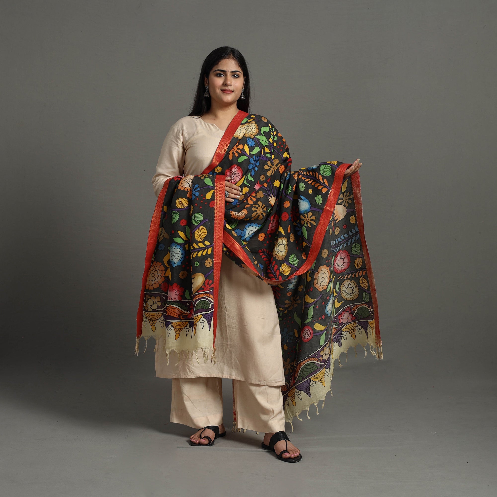 SOUTH KARGHA Black - Chanderi Silk Srikalahasti Handpainted Pen Kalamkari Dupatta 23 - view 2