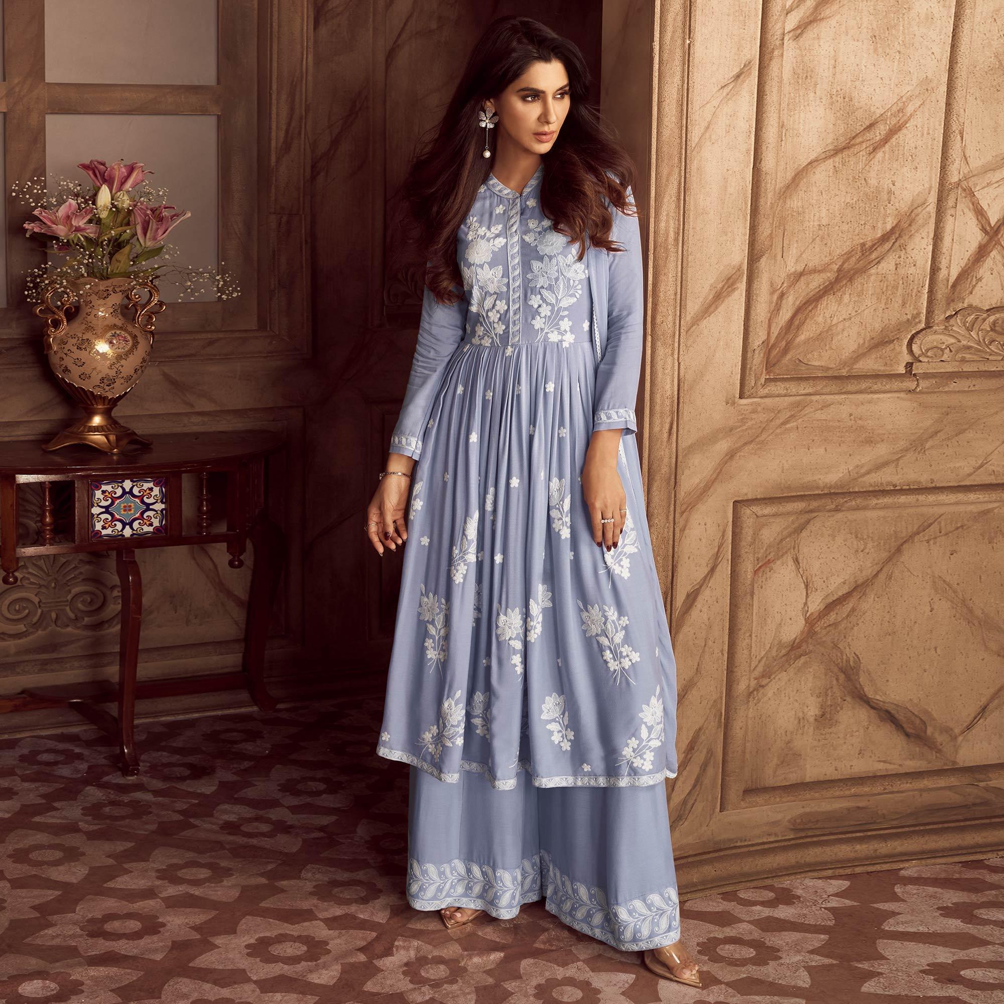 Peachmode Light Lavender Lucknowi Embroidered Rayon Palazzo Suit - view 2