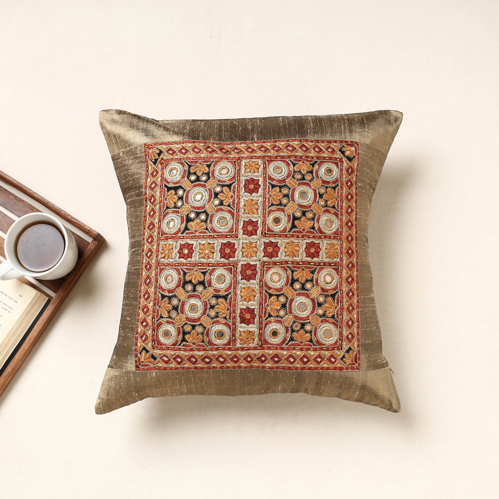 QASAB Brown - Kutch Pakko Hand Embroidery Silk Cushion Cover (16 x 16 in)
