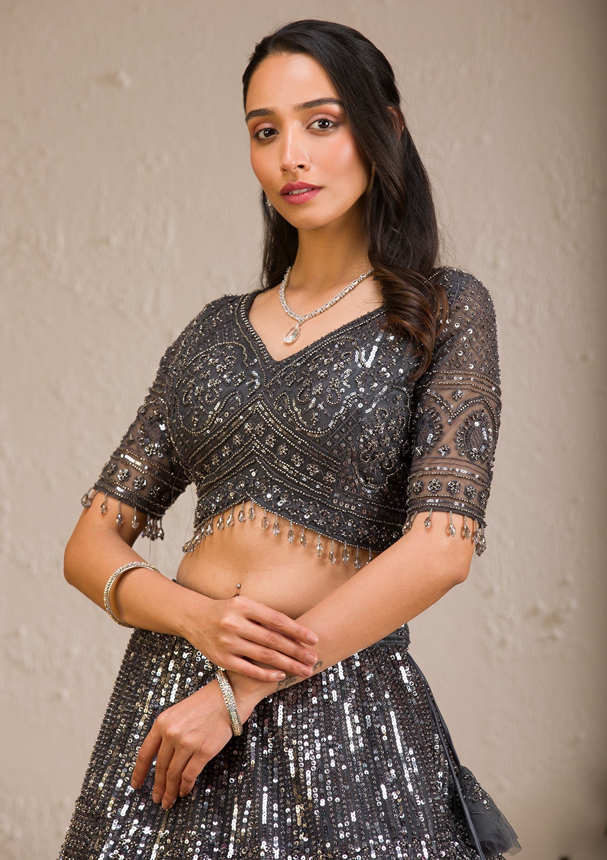 Koskii Dark Grey Sequins Net Readymade Lehenga - view 2