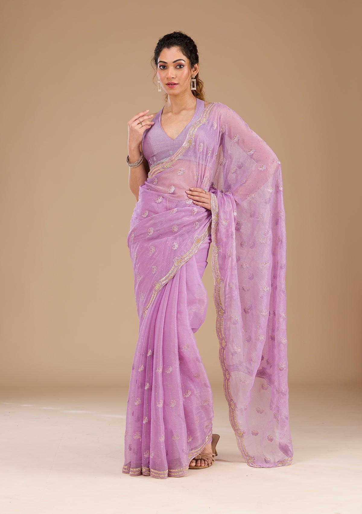 Koskii Lavender Stonework Tissue Saree – Women's