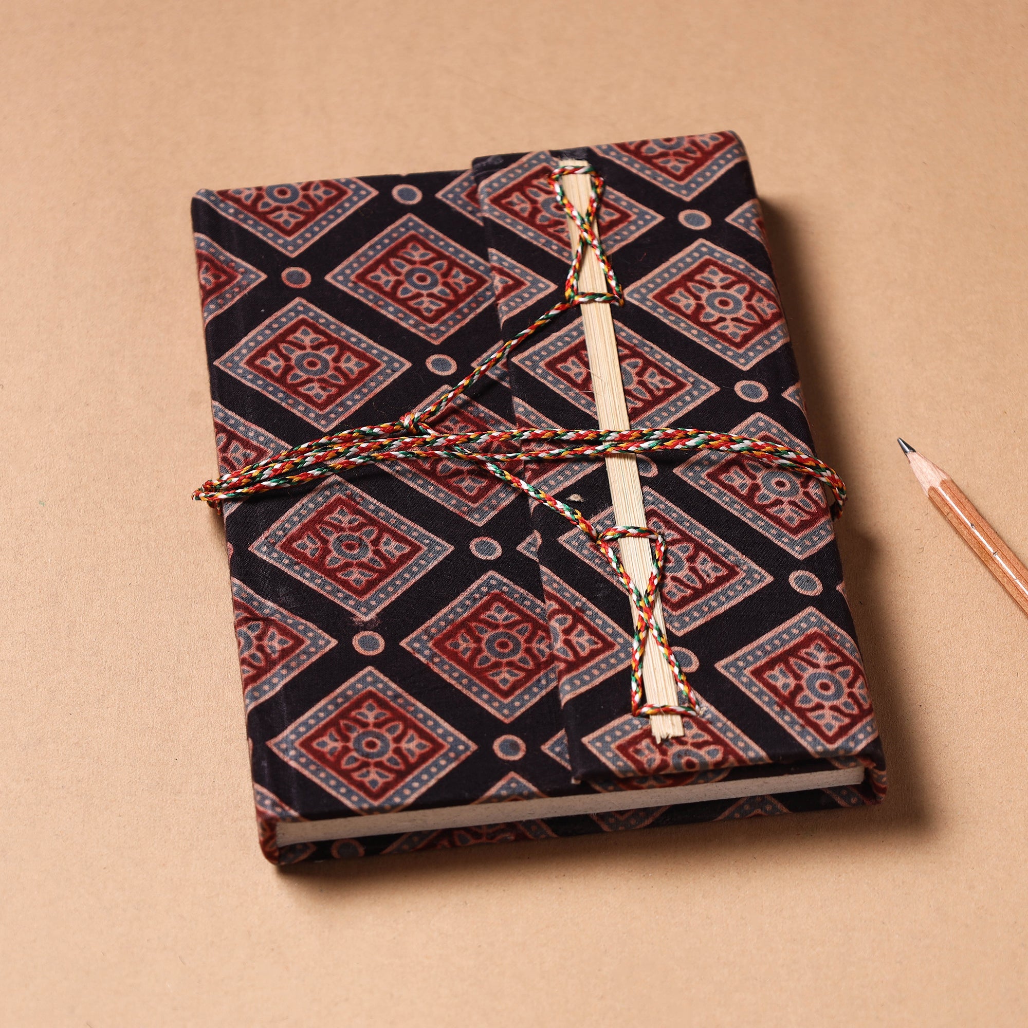 TARAGRAM Black - Ajrakh Fabric Cover Handmade Paper Notebook with Thread Lock