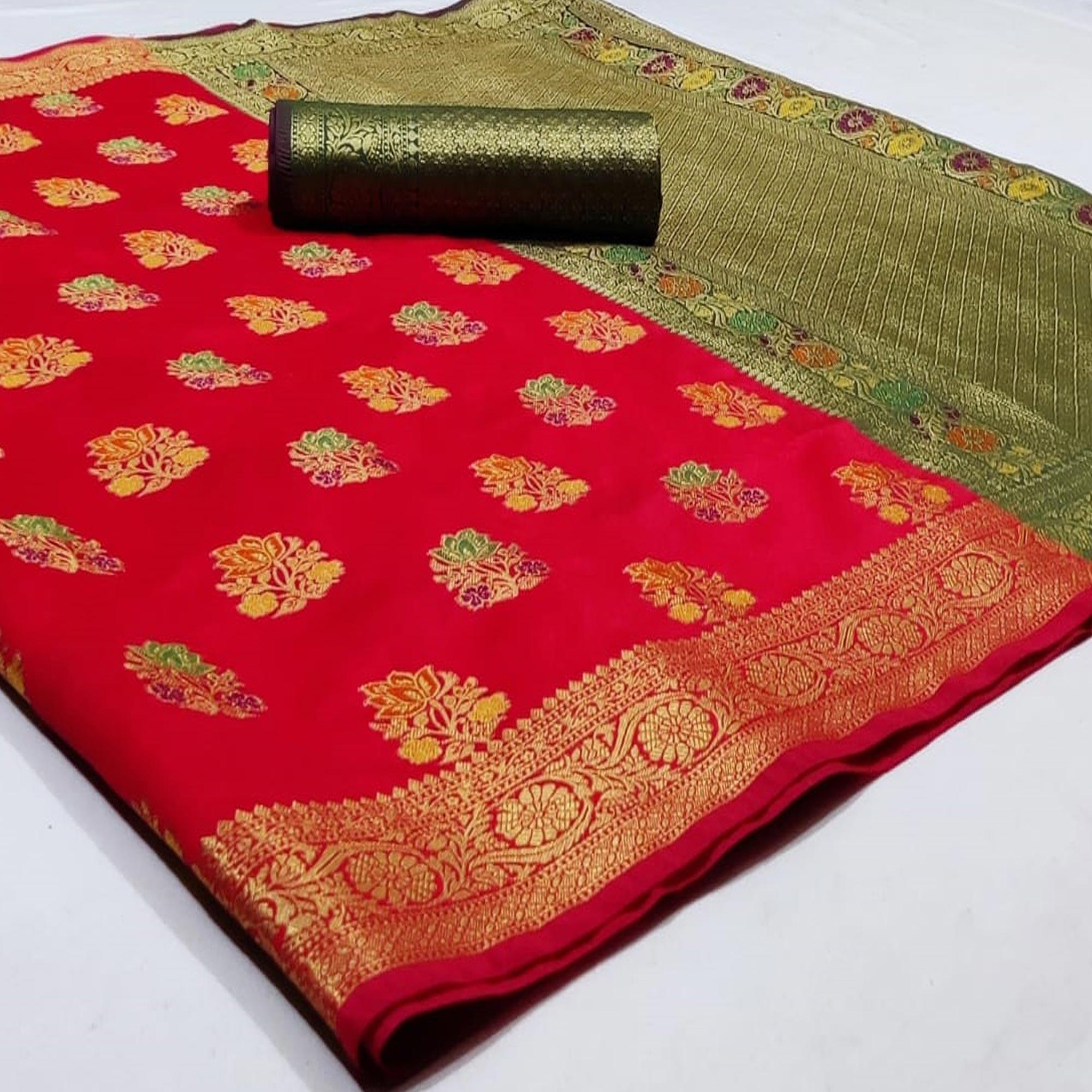 Peachmode Classy Red Colored Festive Wear Woven Silk Saree