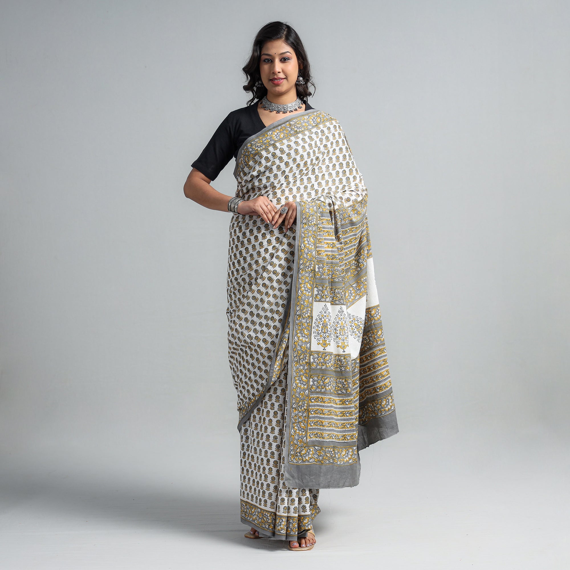 SANTOSH KUMAR DHANOPIA Brown - Block Printed Mul Cotton Sanganeri Saree