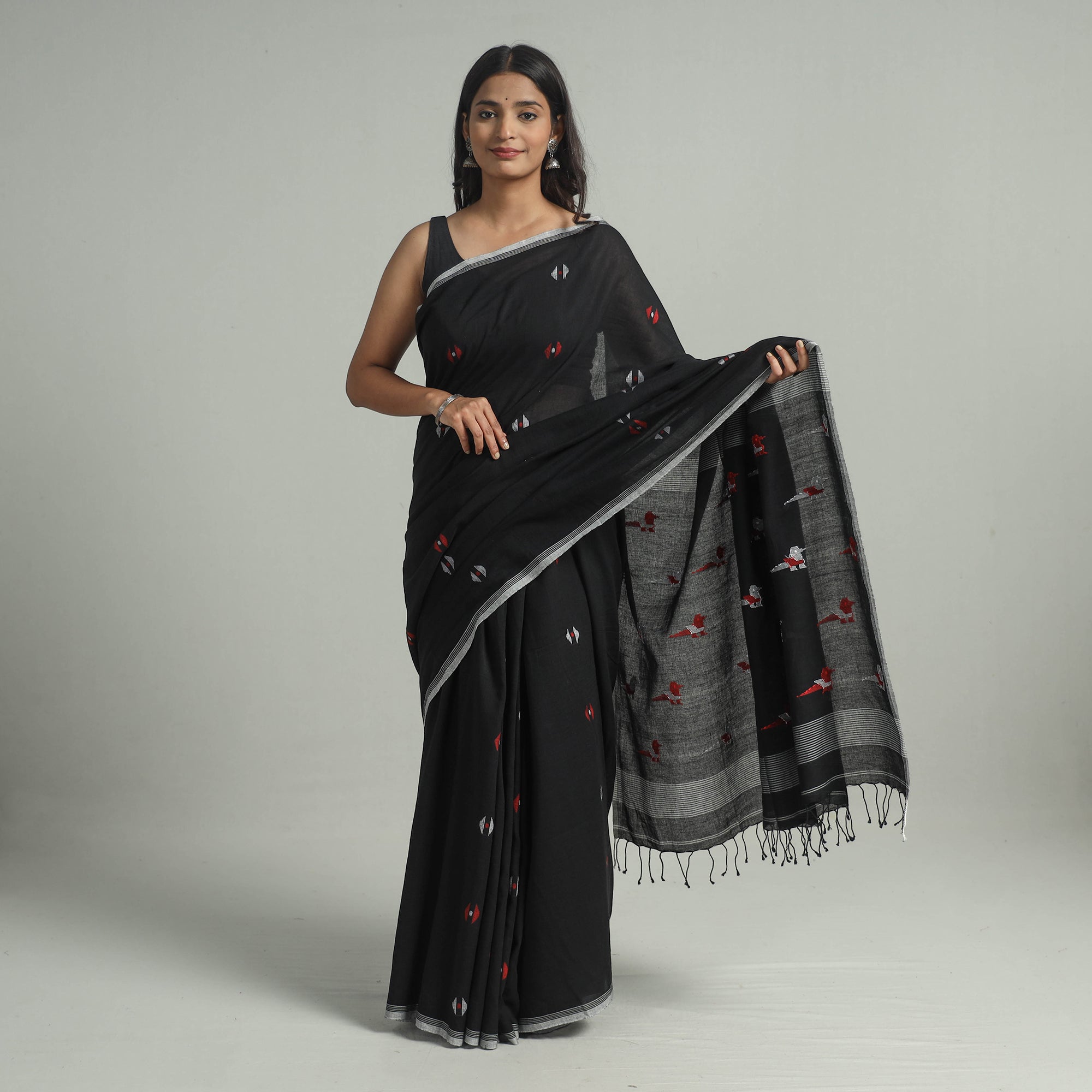 SASHA Black - Handloom Cotton Phulia Jamdani Saree with Tassels 18 - view 2